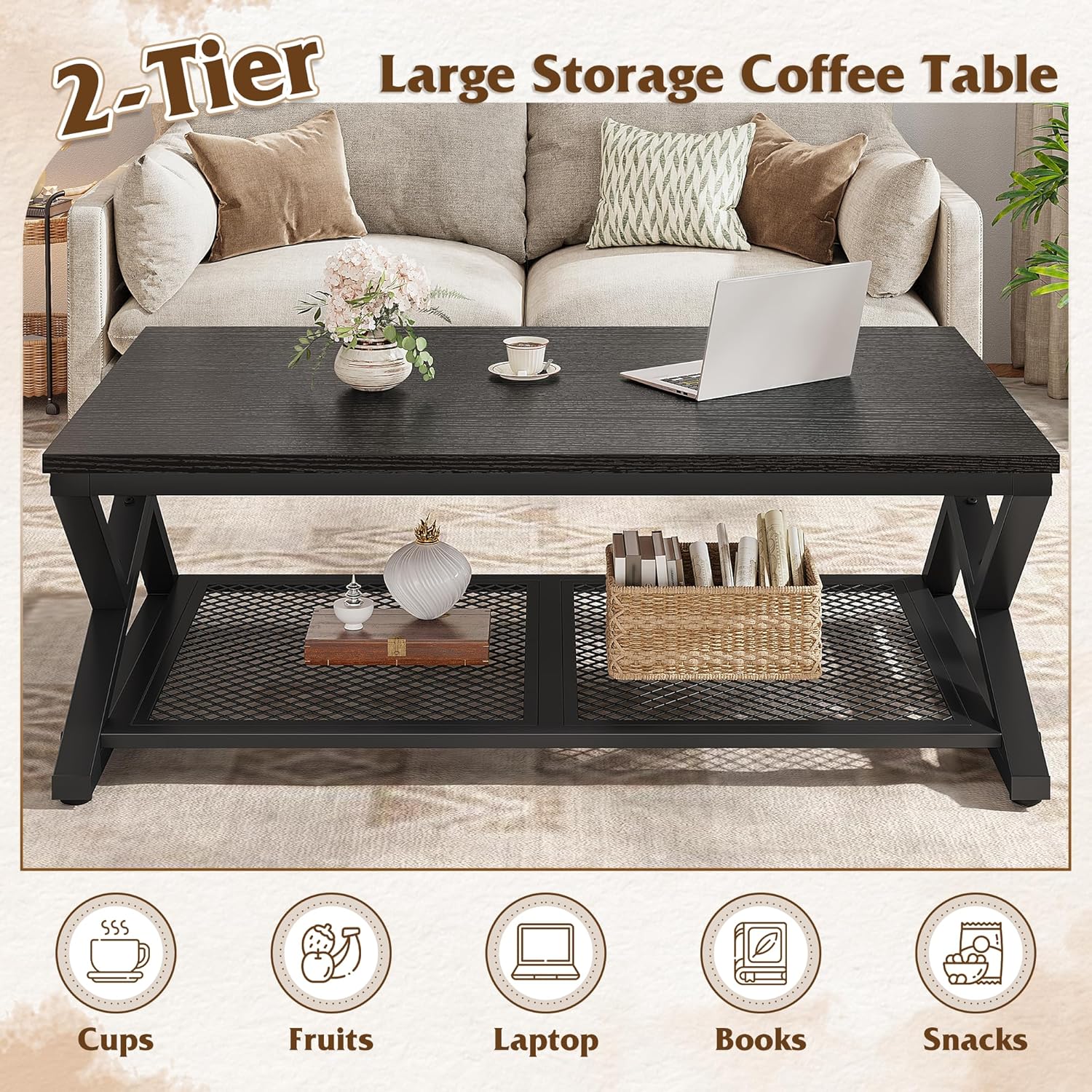 EnHomee Coffee Table with Storage, Modern Coffee Tables for Living Room with Mesh Shelf, 2 Tier Rectangular Center Table for Living Room, Bedroom, 39.4 Inch, Black Oak