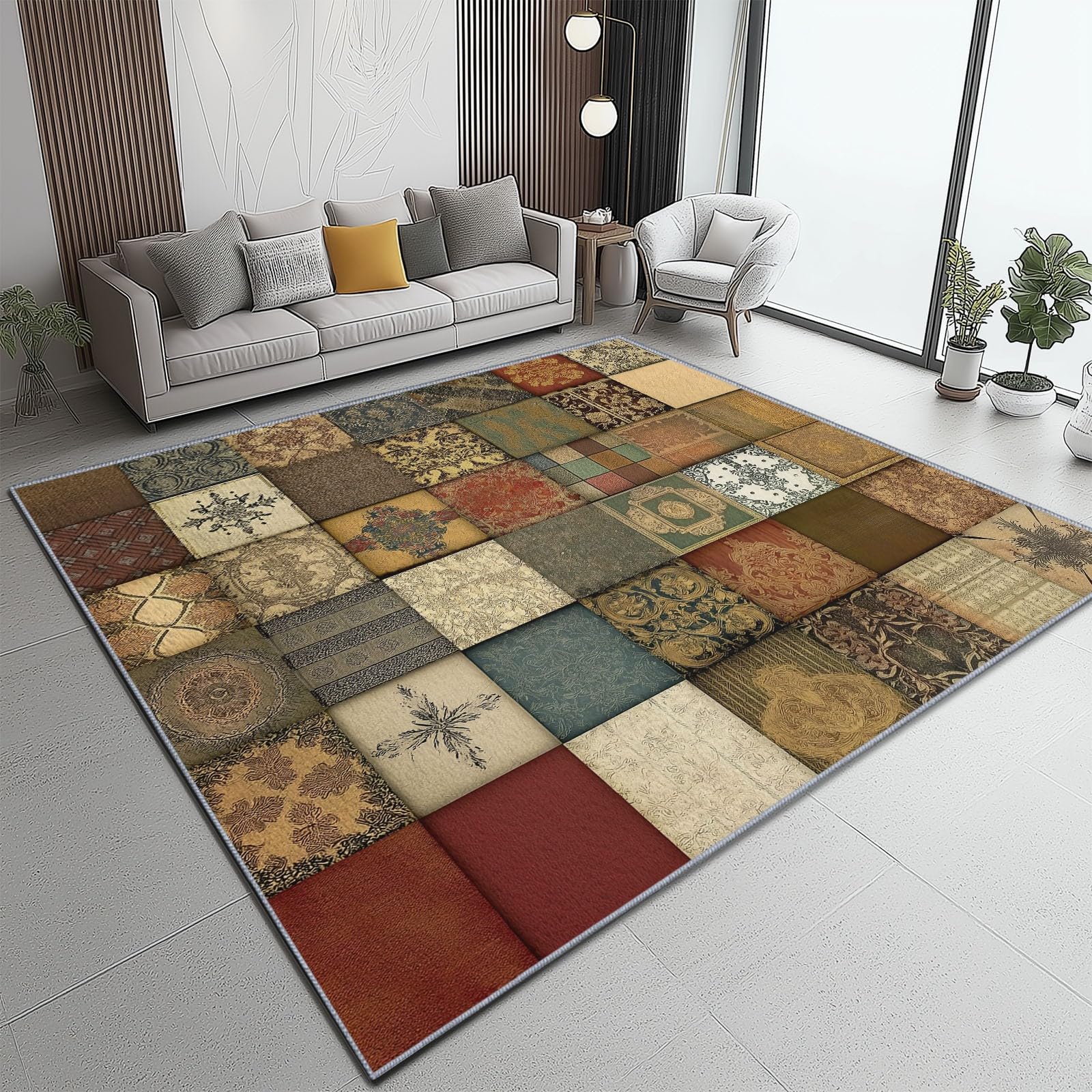 Bunter Patchwork Teppich 80 x 150 cm | Retro-Textur-Druck auf weichem Flanell Pflegeleichter, Rutschfester Bodenteppich, der eine nostalgisch-gemütliche Aura im Schlafzimmer verströmt
