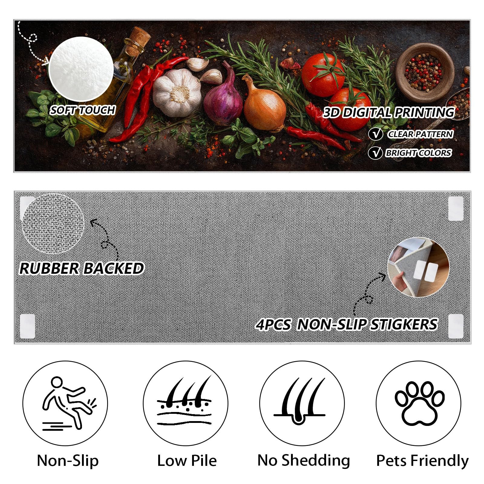 Tapis Cuisine Épices Tapis Couloir 60x210 cm Légumes Antidérapant et Lavable Feast Carpet pour Chambre à Coucher Salon Buanderie