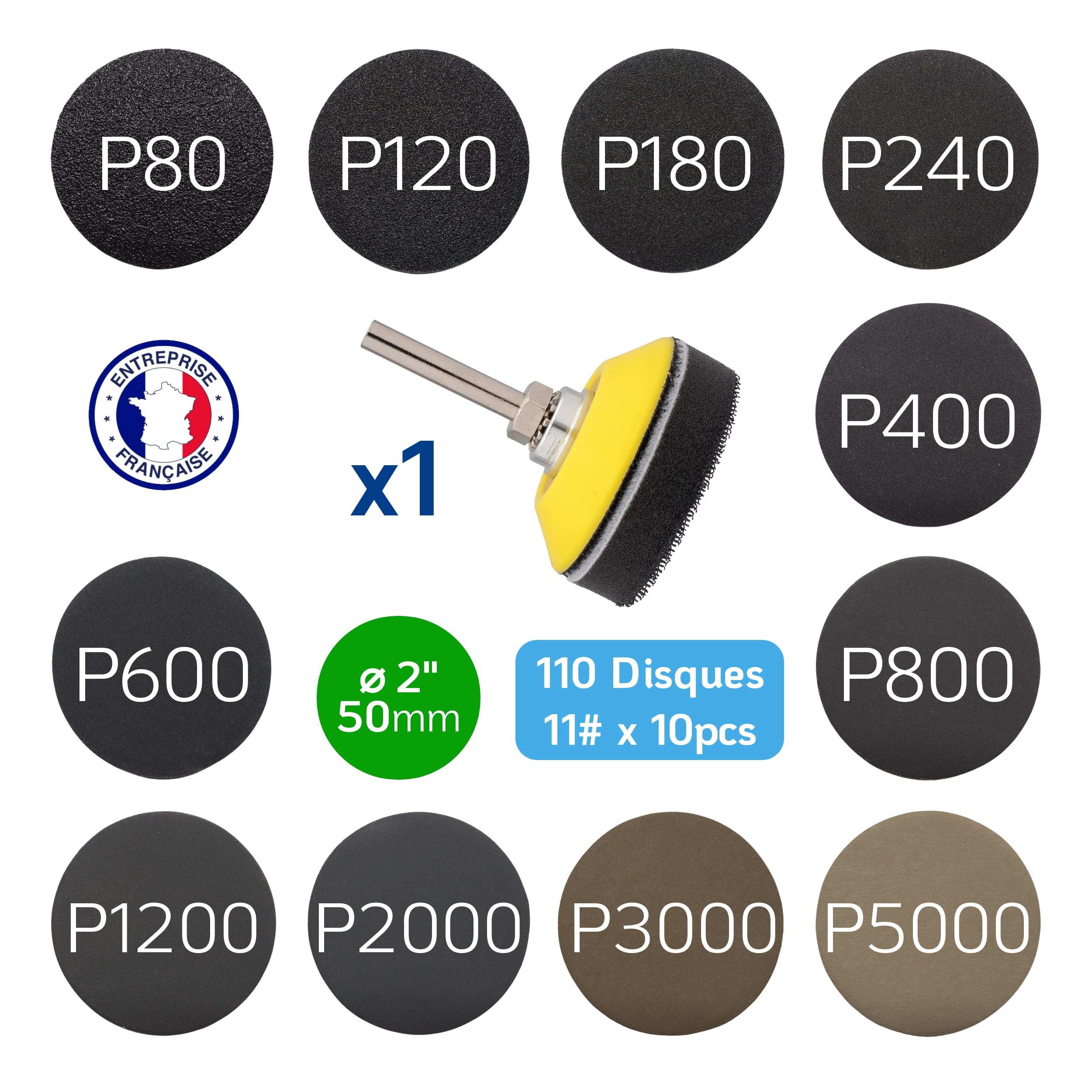 110 Disques abrasifs 50mm Disque de poncage polissage + 1 Plateau à poncer polir pour Perceuse papier verre grain 80 120 180 240 400 600 800 1200 2000 3000 5000 + 1 Tampon souple | OnEstKit