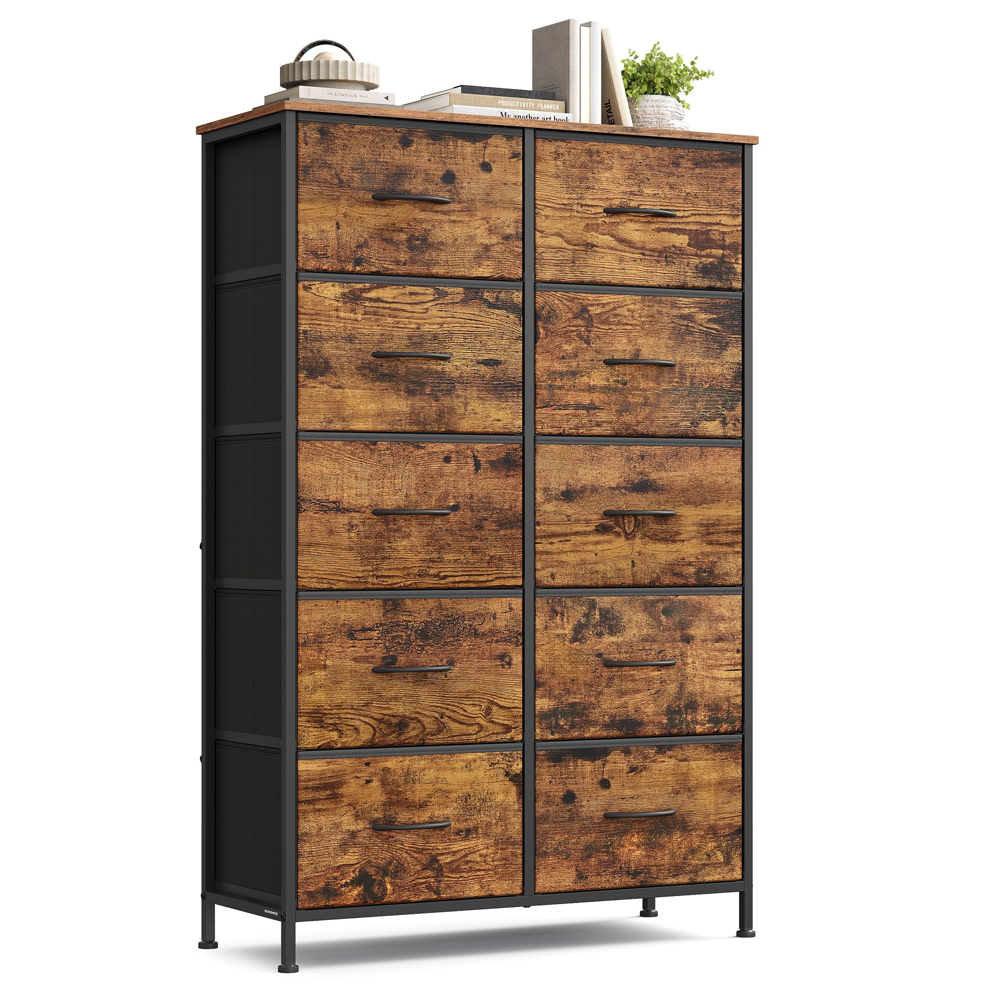 SONGMICS Komoda, 10 szuflad z tkaniny, stalowa, MDF, włóknina, do sypialni, szafy, przedpokoju, salonu, rustykalny brąz i czarny atrament LGS125BH04