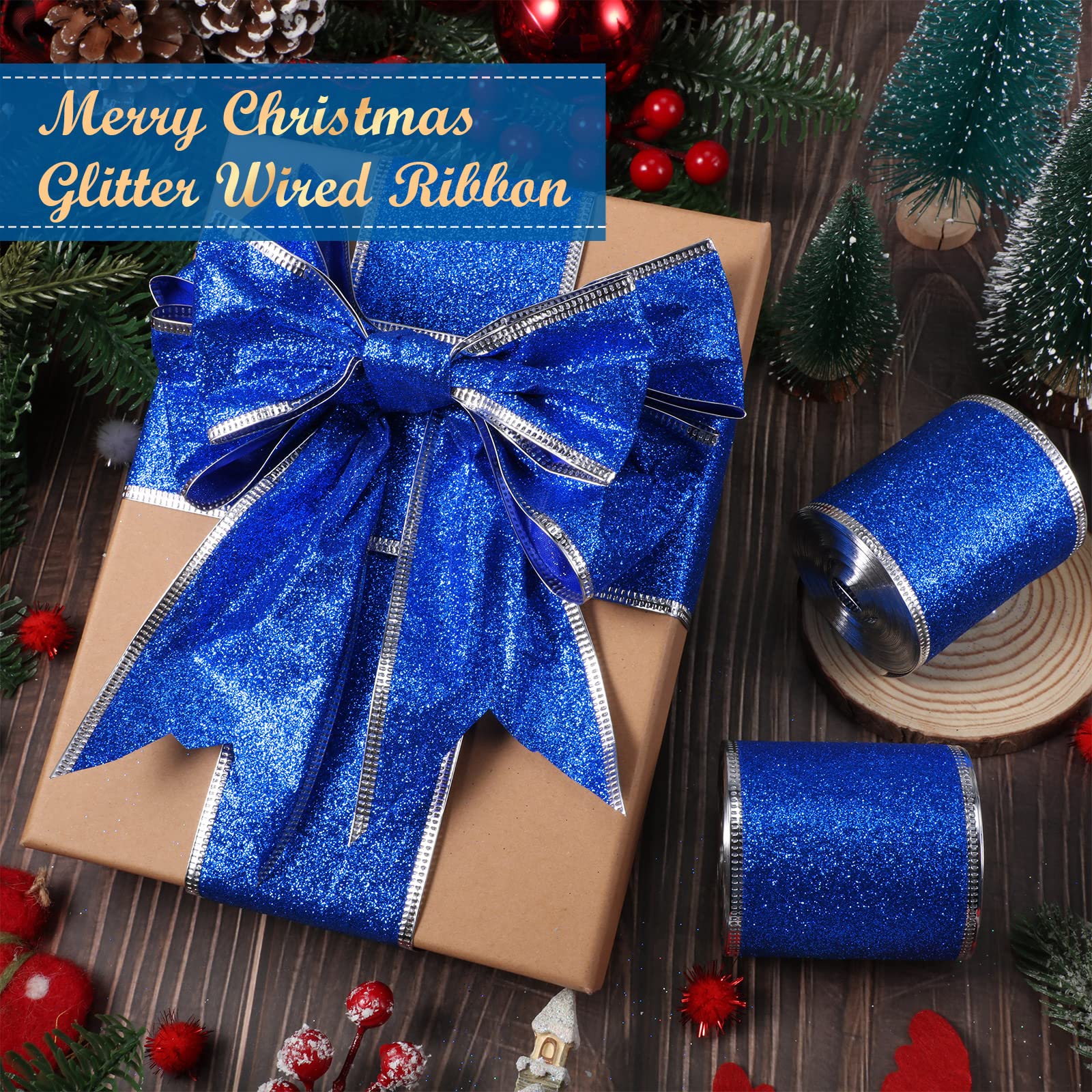 Christmas Wired Glitter Ribbon - 2 Rolls Blue Metallic Ribbon For Gift Wrapping & Decor