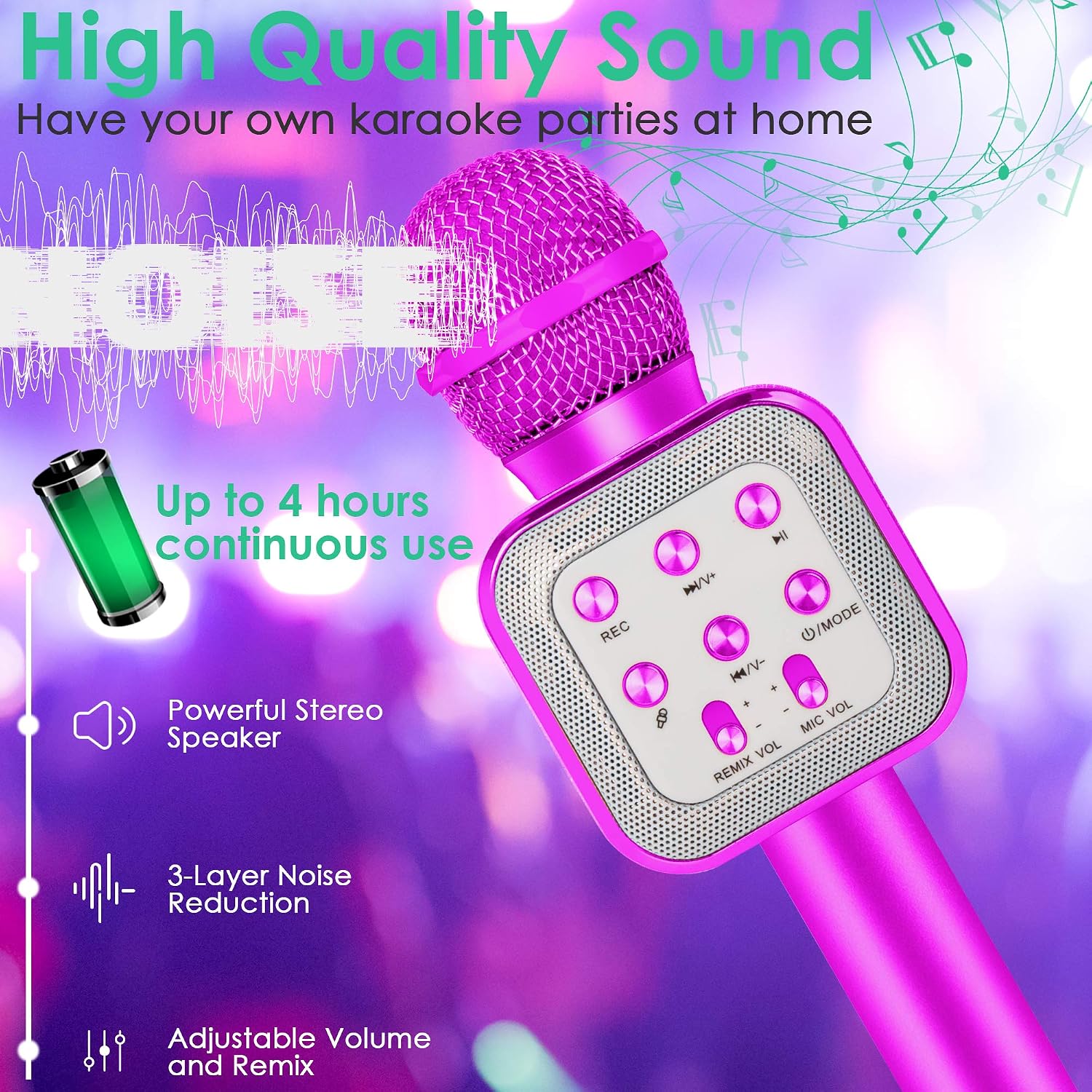 KIDWILL Wireless Bluetooth Karaoke Microphone for Kids, 5-in-1 Portable Handheld Karaoke Mic Speaker Player Recorder with LED Lights for Kids Girls Boys Teens Birthday (1818-Hot Pink)