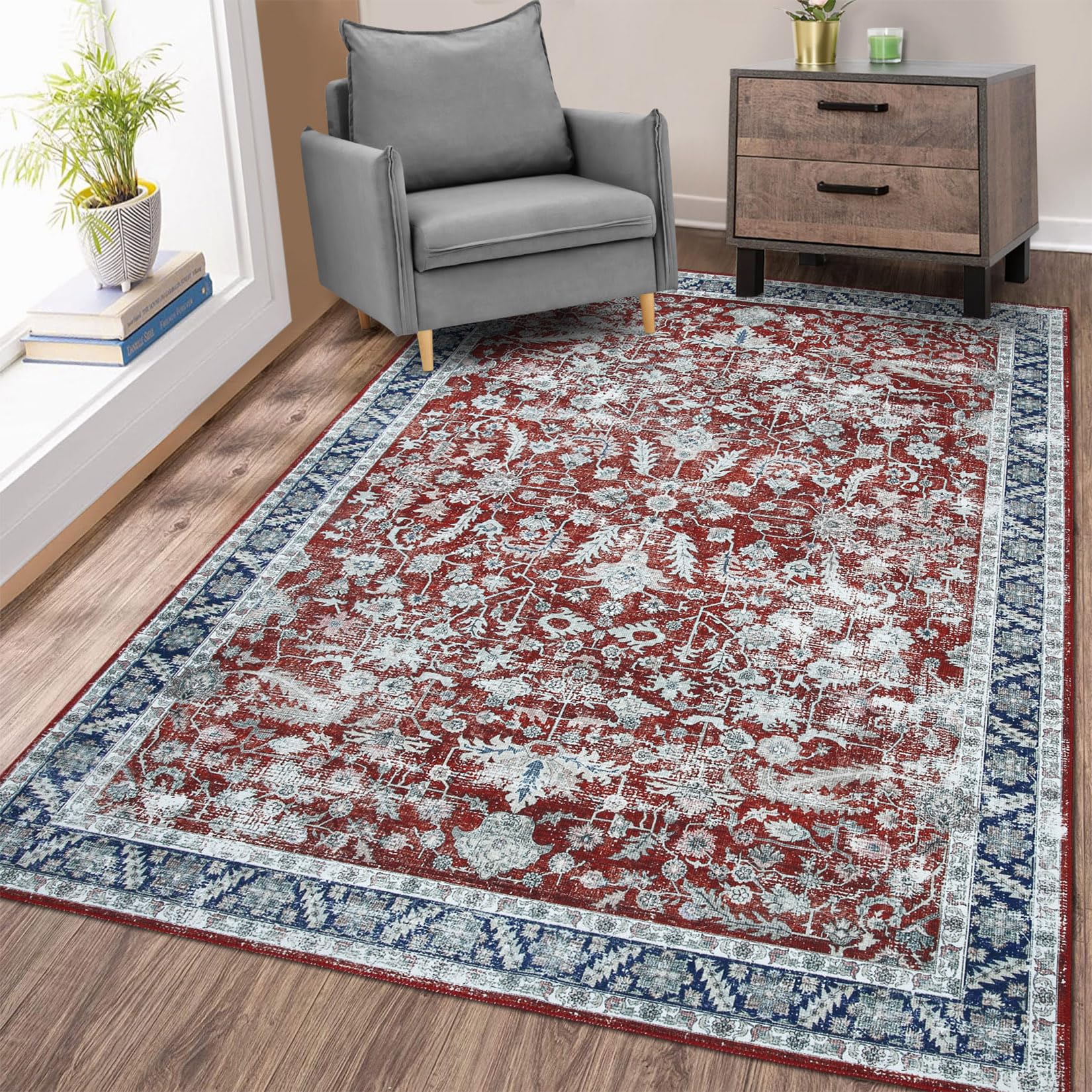 ROYHOME Washable Area Rug Vintage Distressed Area Rugs Carpet Stain Resistant Non-Slip Accent Rug Traditional Medallion Farmhouse Carpet Rug for Coffee Table Bedroom Decor, Brick Red, 4' x 6'