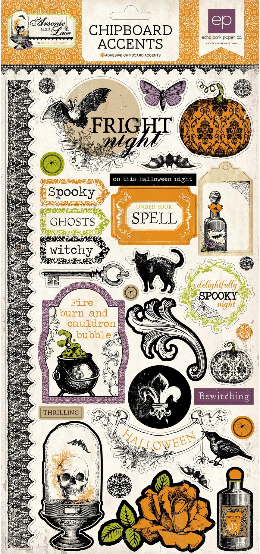 Echo Park Arsenic and Lace 6x12 Chipboard Halloween Scrapbook Stickers