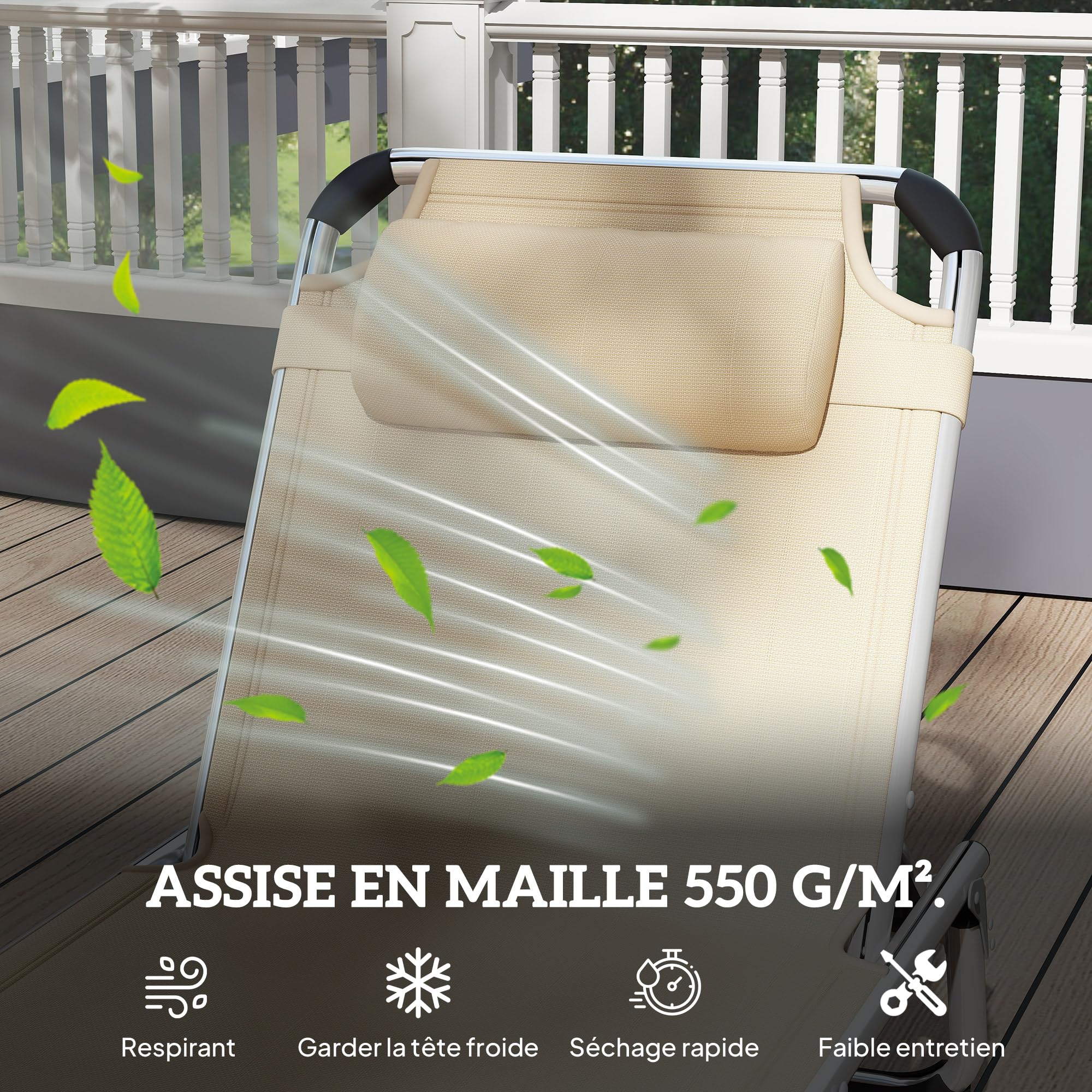 Outsunny Bain de Soleil Lit de Plage Aluminium 2x1,5x2,3m Beige