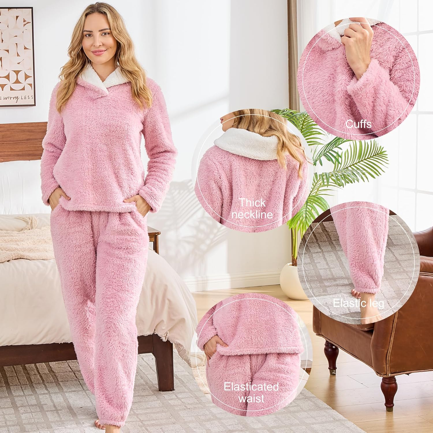 Fluffy Womens Pajama Sets, Pjs with Pants Winter Fuzzy Pajamas Fleece Soft Cozy Warm Ladies Loungewear - Image 4