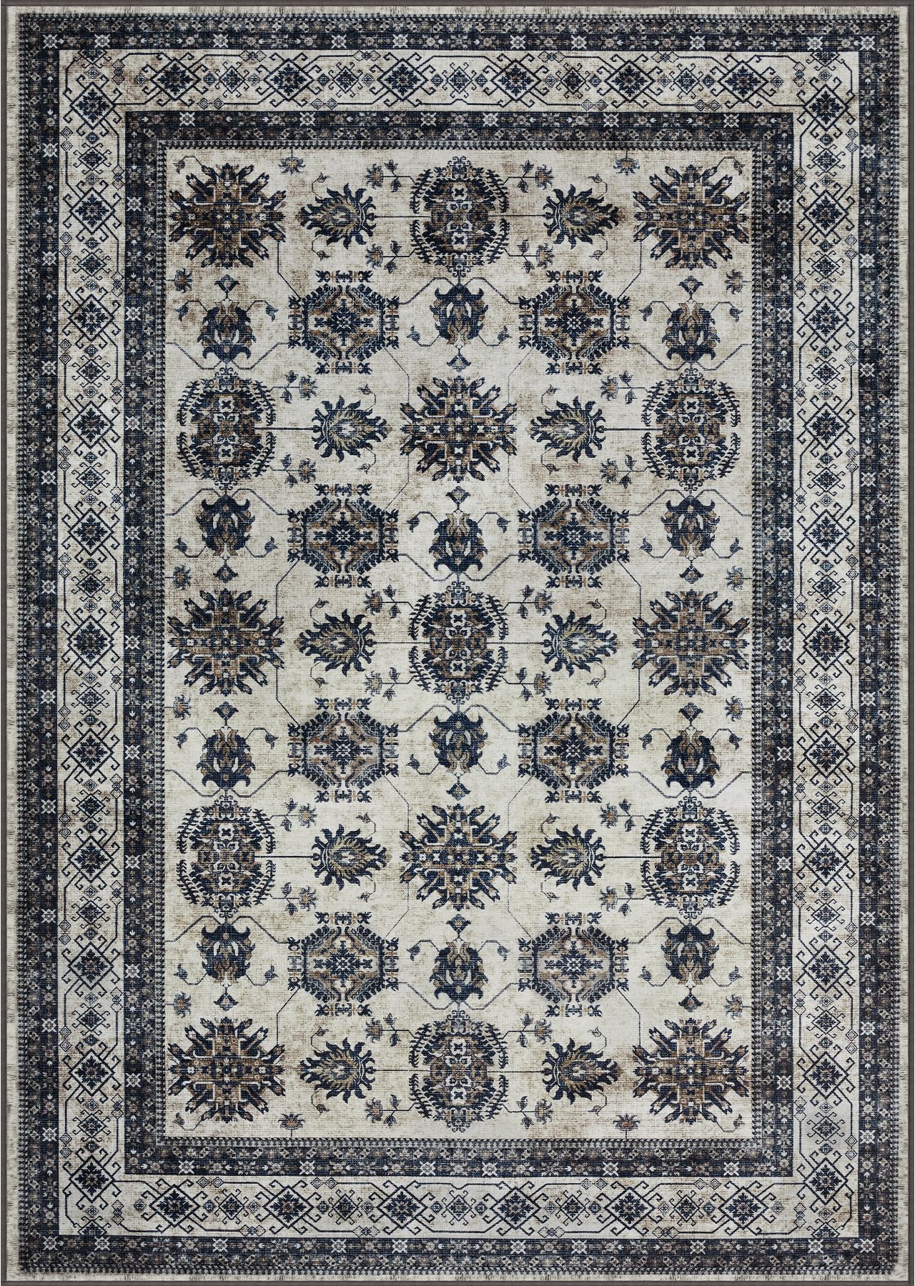9x12 Area Rugs Living Room Rugs: Large Machine Washable Rug with Non-Slip Backing Stain Resistant Vintage Floral Carpet for Bedroom Dining Room Nursery Home Office - Blue/Ivory