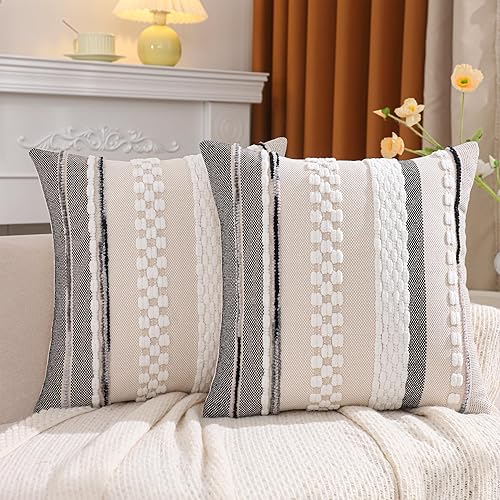Miniatura 2 de Tosleo Fundas de almohada decorativas tuftadas boho de 18x18, juego de 2, fundas de almohada decorativas a rayas, fundas de almohada de chenilla