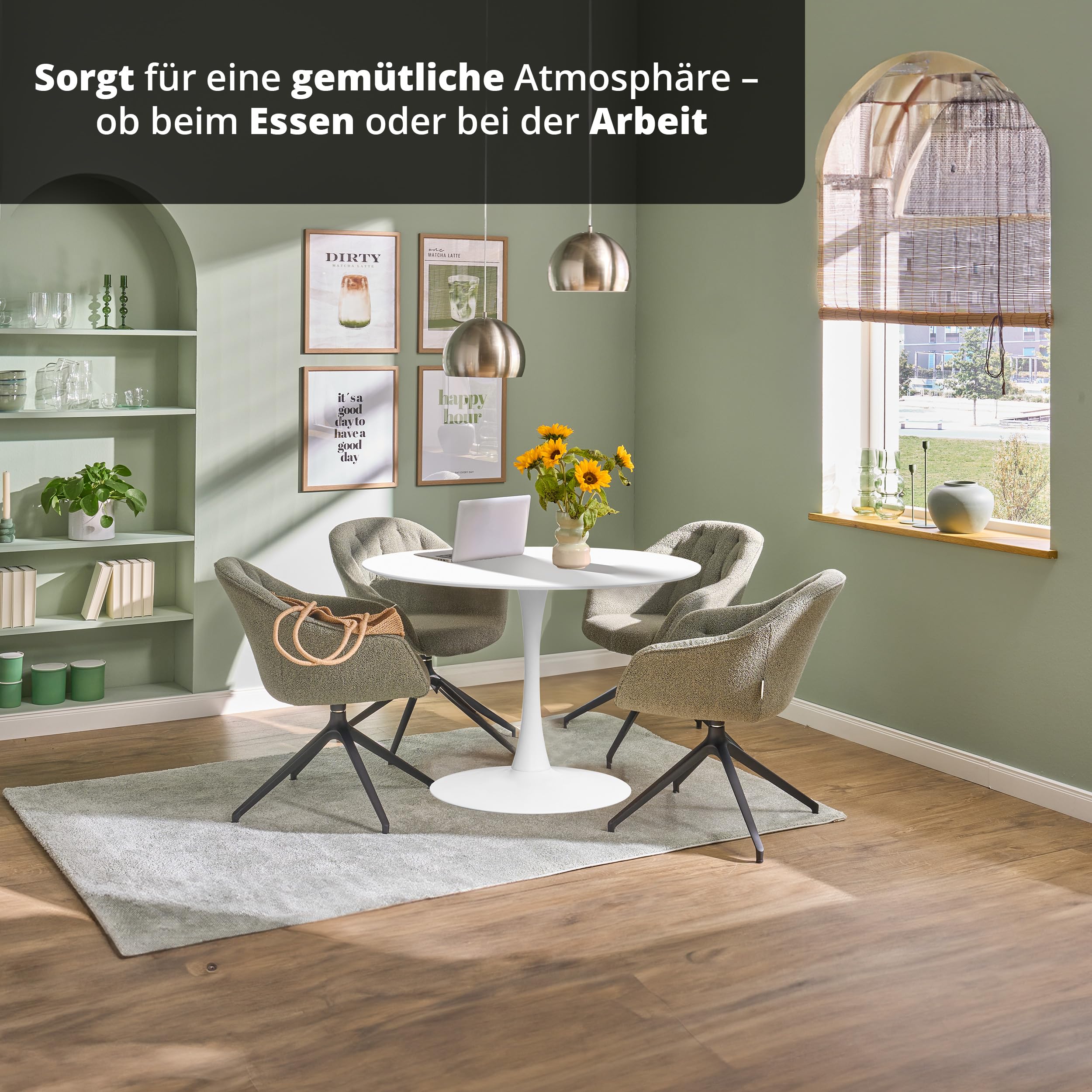 KHG Esstisch, Küchentisch Rund 110 cm Durchmesser, Weiß lackiert, für 6 Personen, 75 cm Höhe, Tisch für Wohnzimmer, Küche, Büro, minimalistisches Design