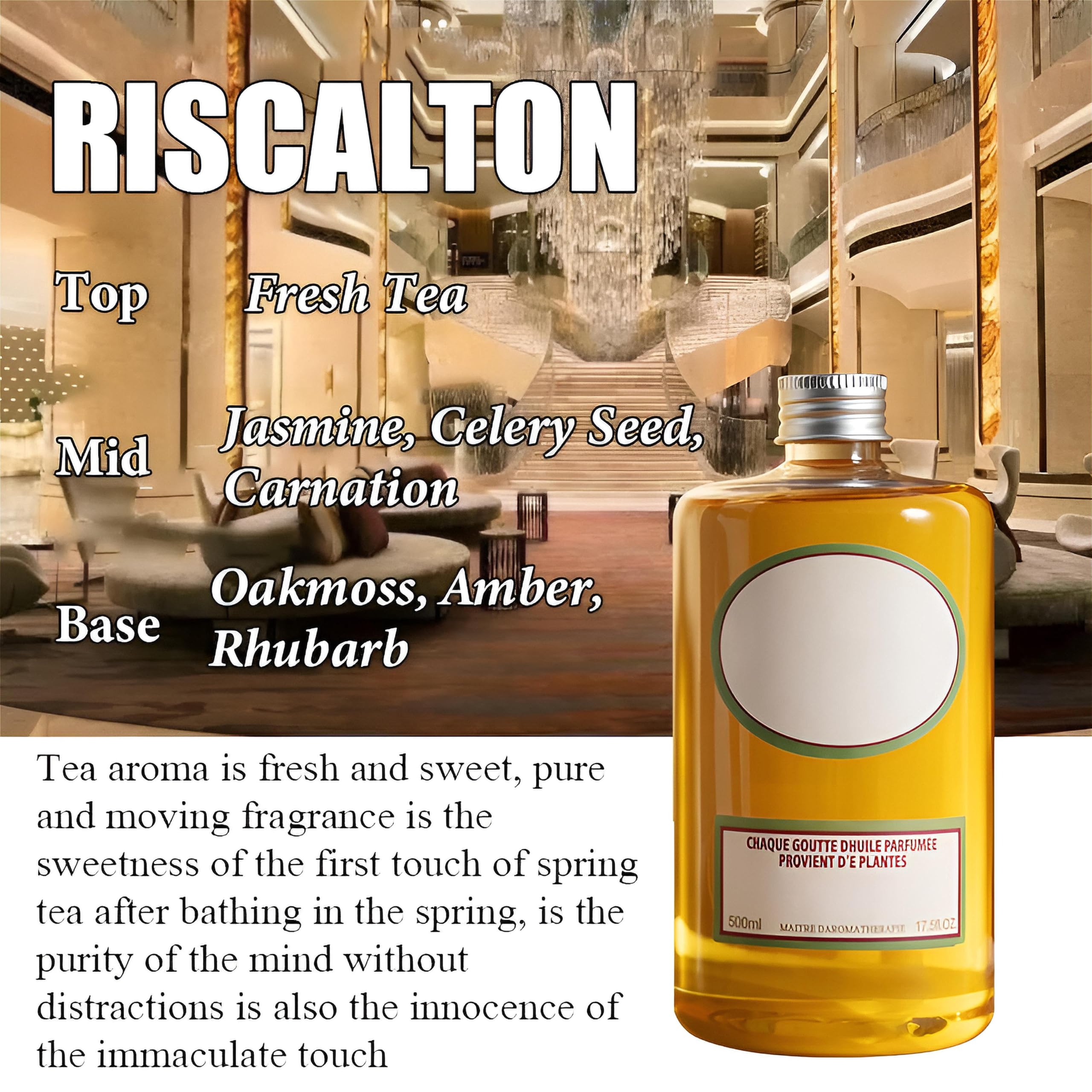 Aceite difusor de Hotel Collection, 500 ml (16,9 oz), aceites Esenciales para aromaterapia, Aceite aromático de Larga duración con 5 Varillas de caña, Ideal para ambientadores(RISCALTON)