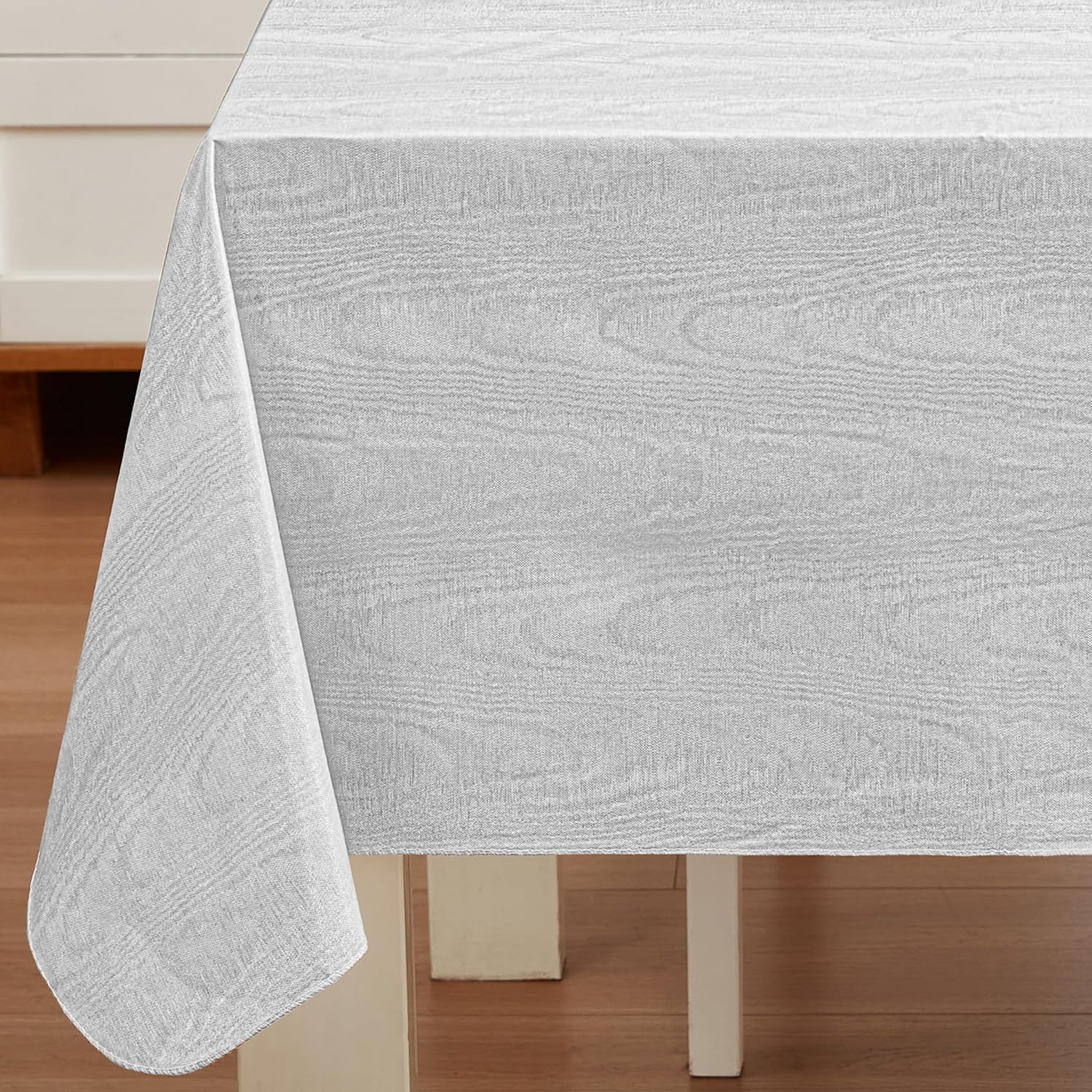 Newbridge Vinyl Flannel Backed Tablecloth, 60 x 120 Inch Rectangle, Silvery White Moire Wavy Solid Design, Heavyweight Indoor Outdoor Waterproof Table Cover, Easy Care Wipe Clean