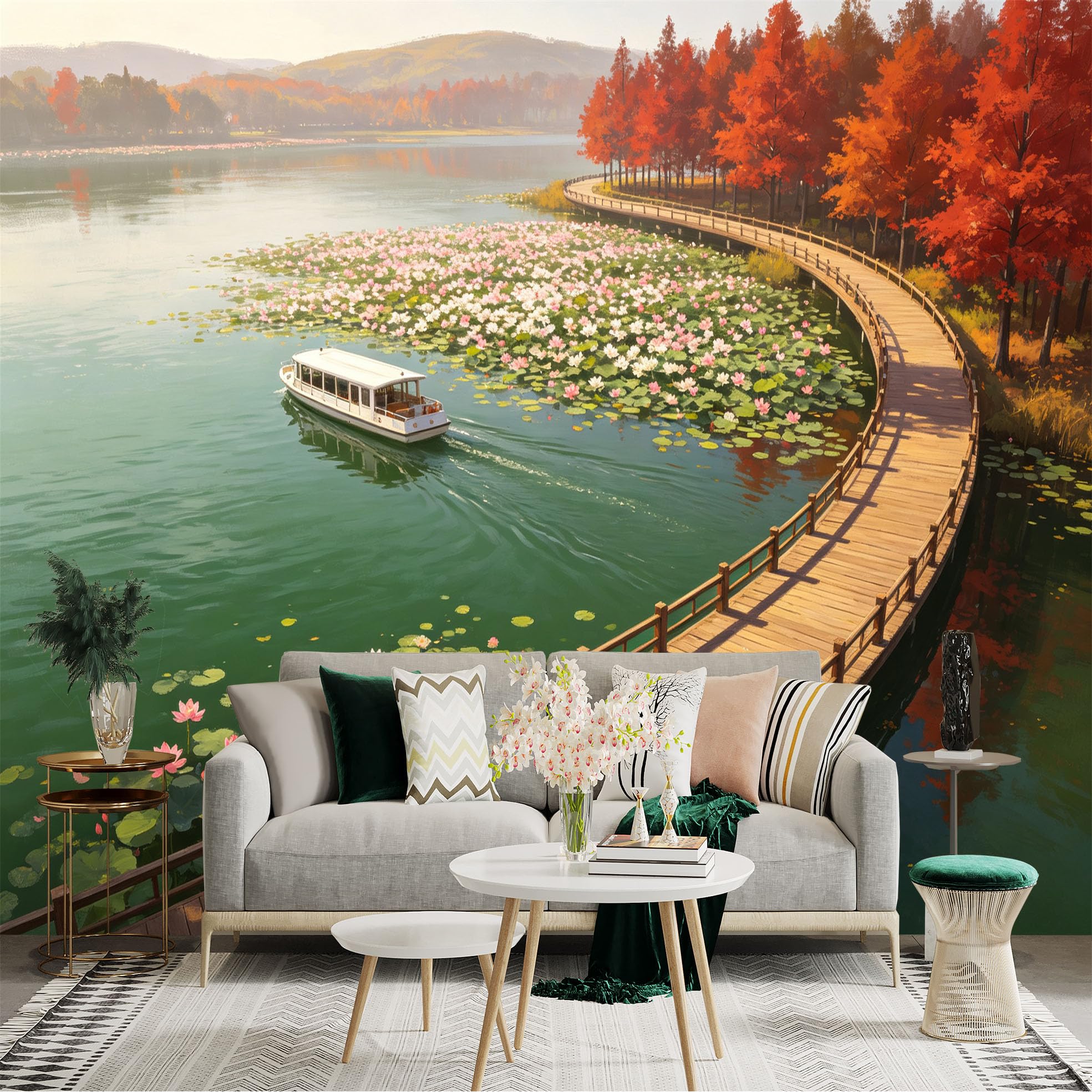 Custom Size Wall Sticker Mural， Scenic Lake with Wooden Boardwalk， Autumn Maple Trees and Lotus Flowers， Peaceful Waterway Landscape， for wall Decoration， peelandstick wall Decals.