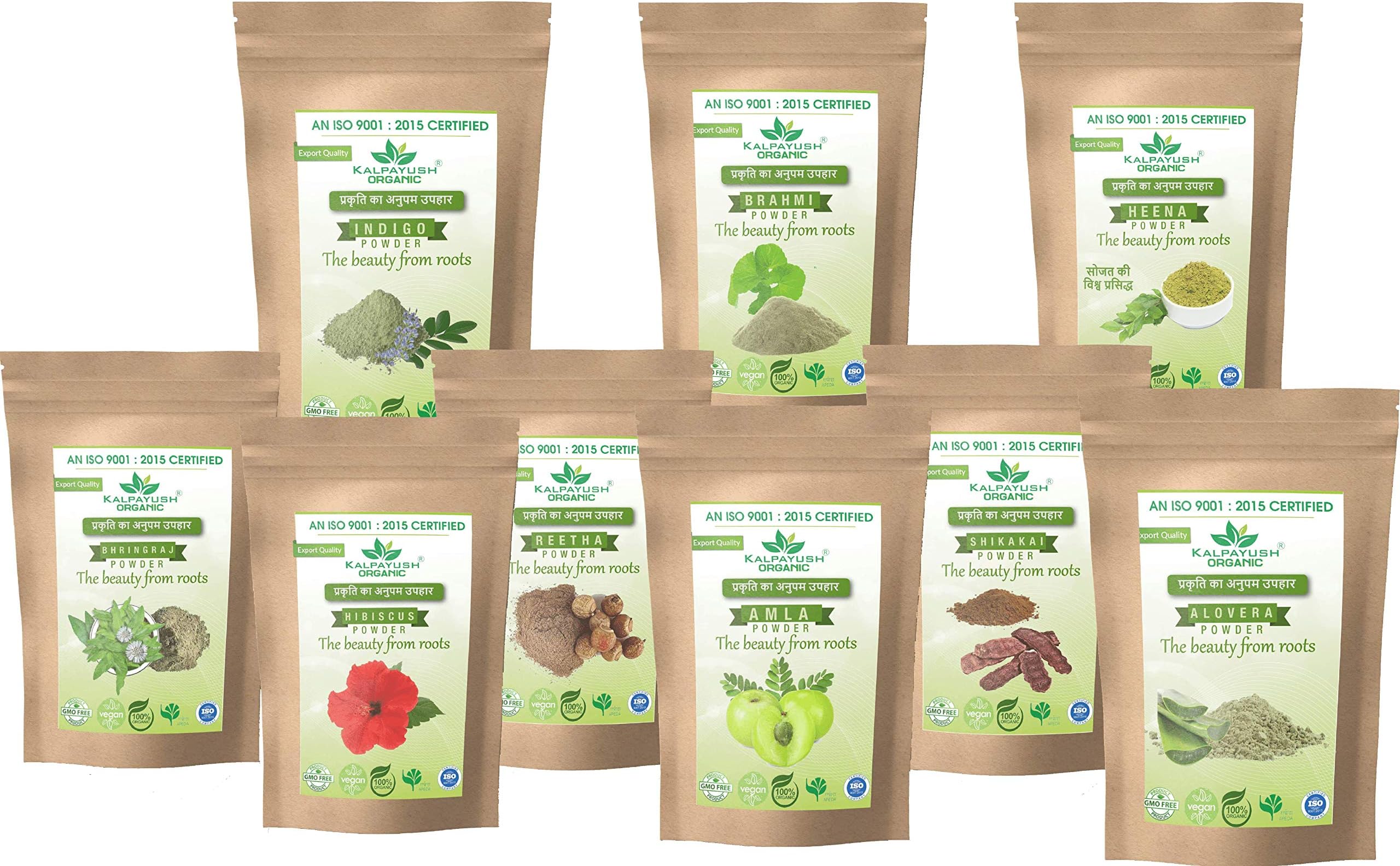 KALPAYUSH Brahmi Powder, Hibiscus Powder, Indigo Powder, Heena Powder, Amla Powder, Bhringraj Powder, Shikakai Powder, Aritha/Reetha Powder Natural Hair Colour (Pack Of 9) Each 50G - Black, All