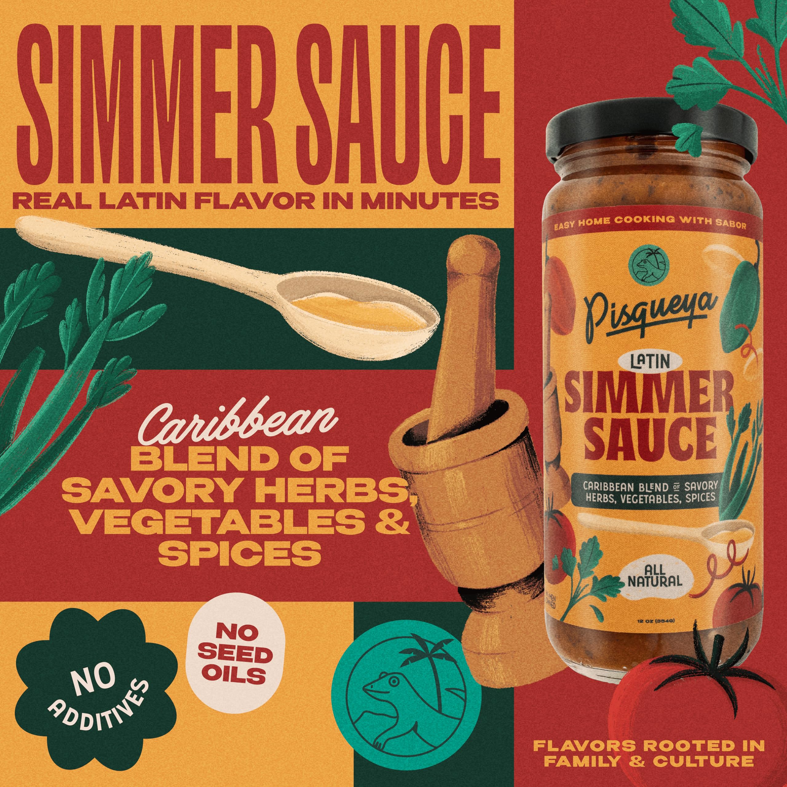 PISQUEYA Latin Simmer Sauce - All Natural Caribbean Blend, Plant Based, Dairy Free, No Sugar Added, Aji Gustoso Pepper, Dominican Oregano, Tomato, Stew Base, 12.5oz
