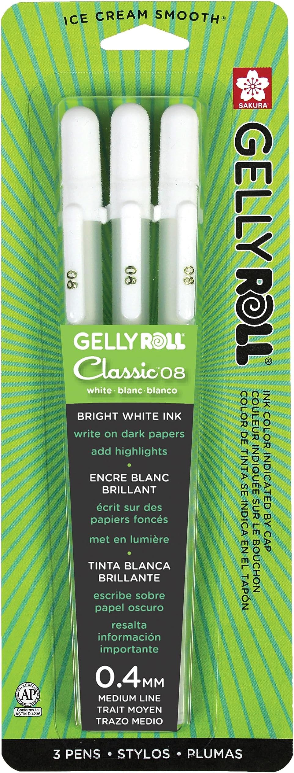 SAKURA Gelly Roll Classic White 3 Pack, 08 Medium Pt., Opaque Gel Pens, Creamy Smooth Ink, Writes on Dark Paper