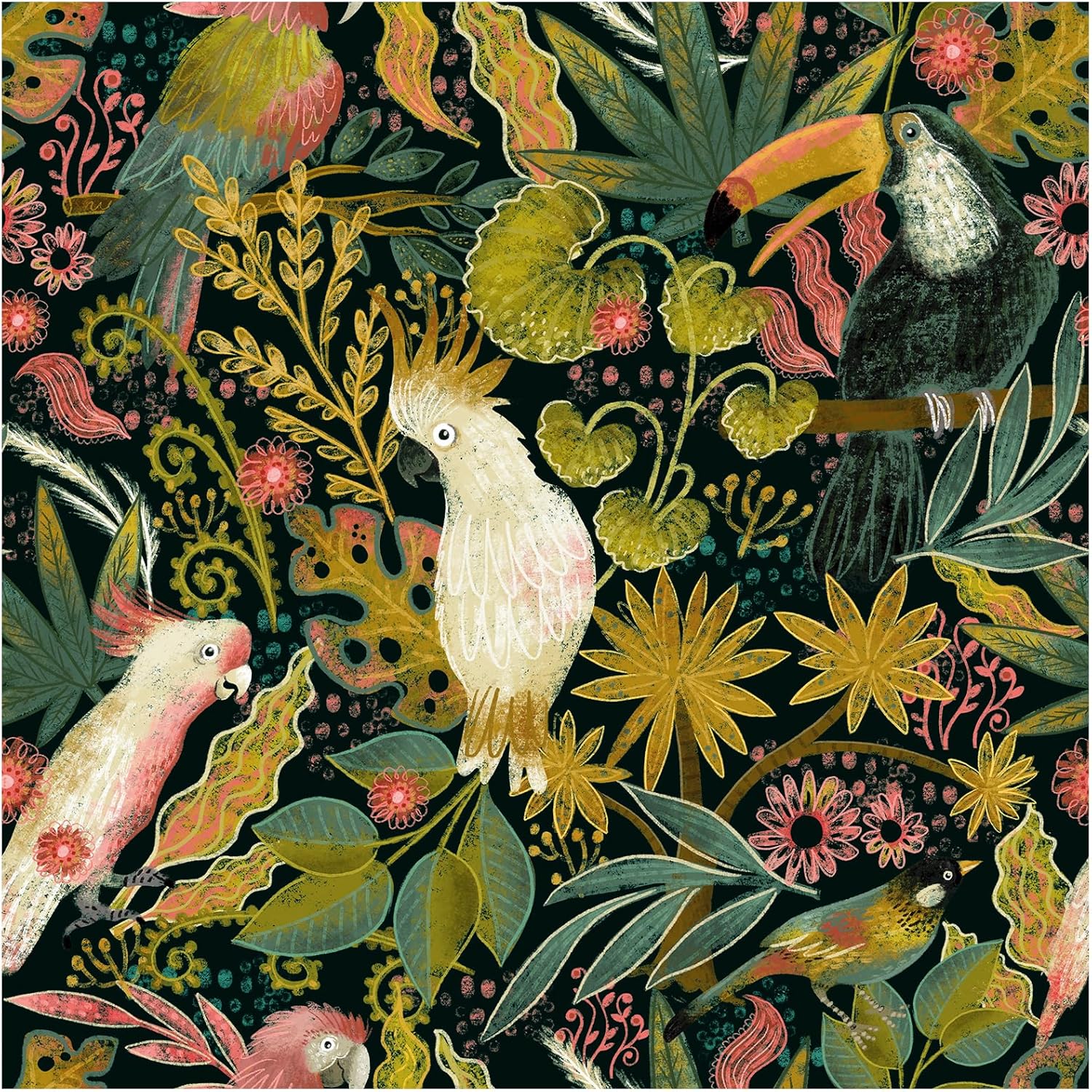 Green Tropical Jungle Peel and Stick Wallpaper, Bird/Leaf/Forest Waterproof Renter Friendly Contact Paper for Cabinet, Drawer, Removable Self Adhesive Wall Decor for Bathroom and Kitchen, 17.5” x118”