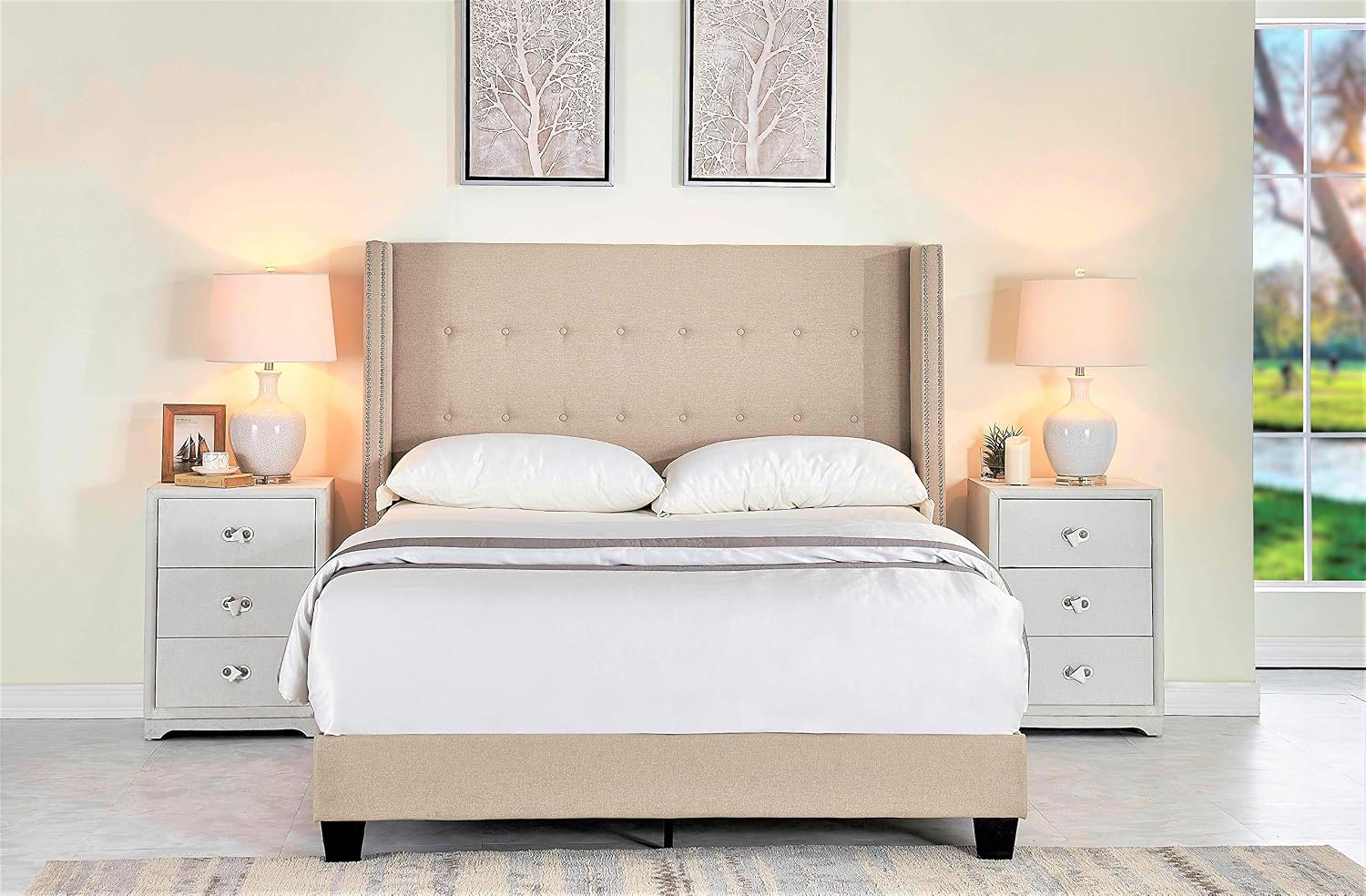 Container Furniture Direct Modern Panel Upholstered Platform Bed, Queen Size, Beige