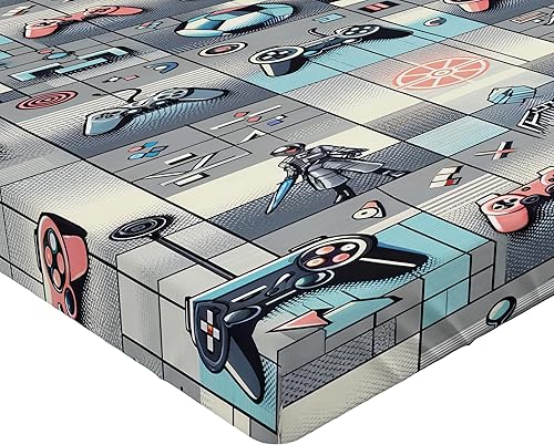 Miniatura 3 de Ambesonne Sábana bajera retro, bolas de control de juegos de los años 90 y personajes de caballero con estampado de detalles cuadrados, funda