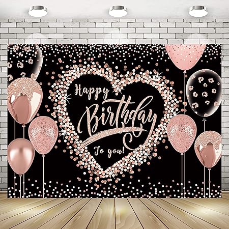 Imirell Happy Birthday Backdrop Rose Gold Pink Black 5Wx3H Feet Fabric Polyester Balloon Women Girls Love Heart Glitter Sweet Bday?Photography Backgrounds Supplies Photo Shoot Decor Props Decoration