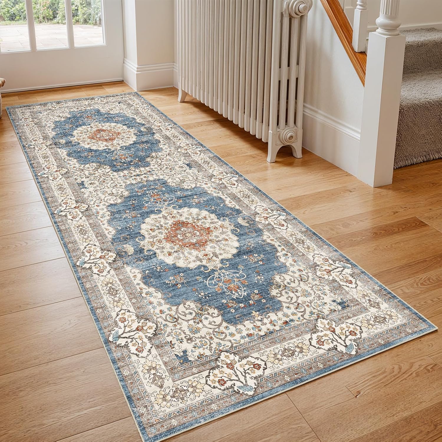 3x6 Washable Hallway Runner Rug:Oriental Indoor Kitchen Rugs Vintage Door Mat Non Slip with Rubber Backing Low Pile Thin Carpet for Bedroom Bathroom Living Room Bedside (3x6 Blue/Beige)