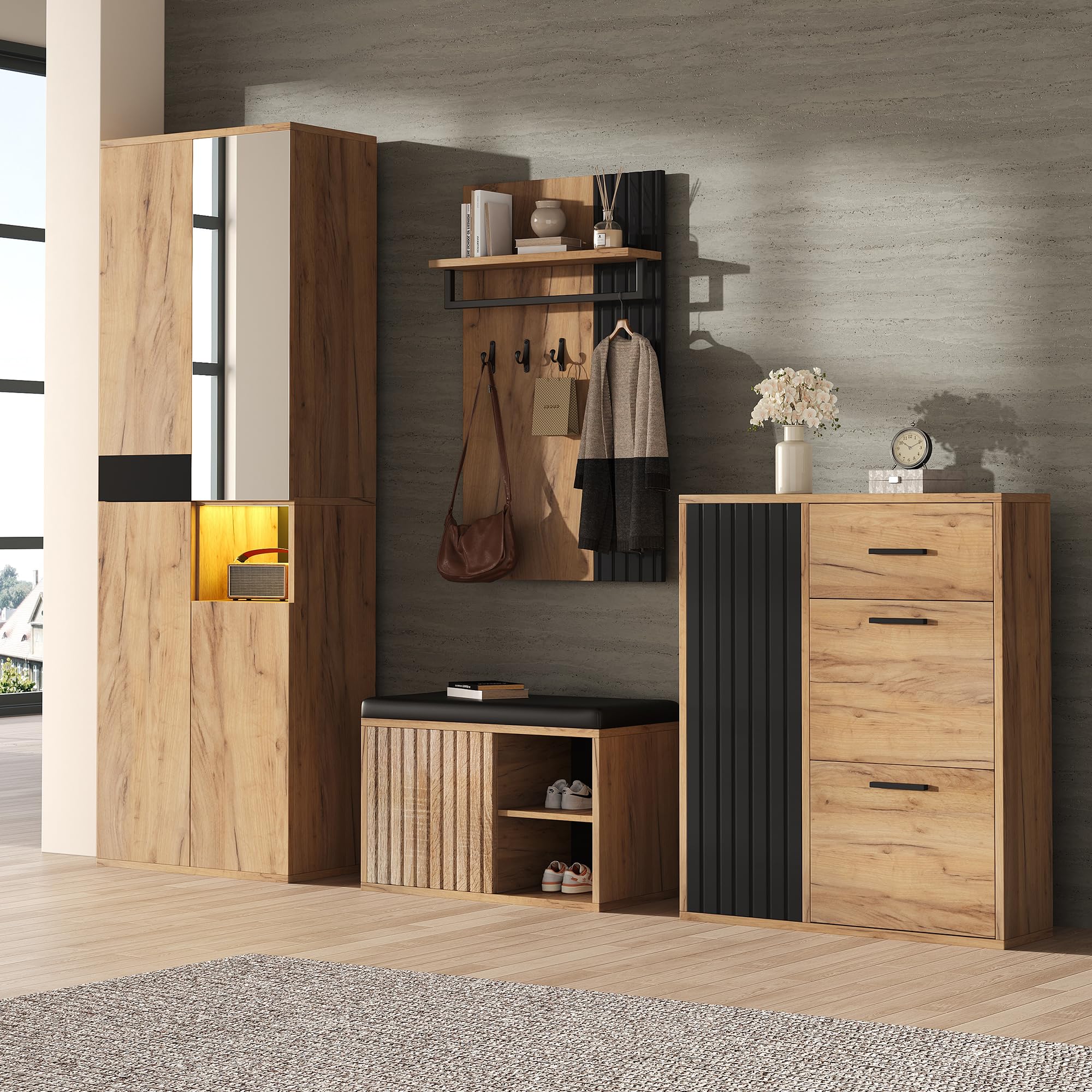 Juego de perchero de pared, 215 x 36 x 190 cm, 4 piezas con armario, zapatero, zapatero, madera natural y negro, juego de muebles de pasillo para entrada
