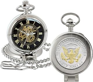 Coin Pocket Watch with Skeleton Movement | Presidential Seal JFK Half Dollar | Genuine U.S. Coin | Sweeping Second Hand, Magnifying Glass | Silvertone Case | Certificate of Authenticity