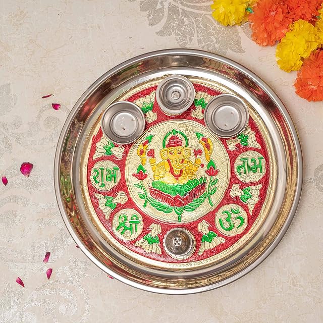 TIED RIBBONS Pooja Thali Plate Platter Puja Thali Stainless Steel with Pooja Articles for Pooja Mandir Festive Ganpati, Navratri, Dashera, Home Temple Gifts Item