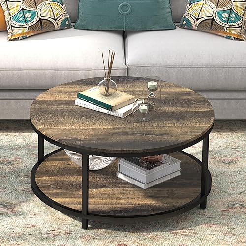Miniatura 36 de WiberWi Mesa de centro redonda de 35.8 pulgadas para sala de estar, mesa de cóctel industrial rústica con marco de metal resistente y estante de