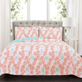 Lush Decor Dina Coral Reversible King Quilt Set 3-Piece - Coastal Ocean Bedding Blue Coral Starfish Print