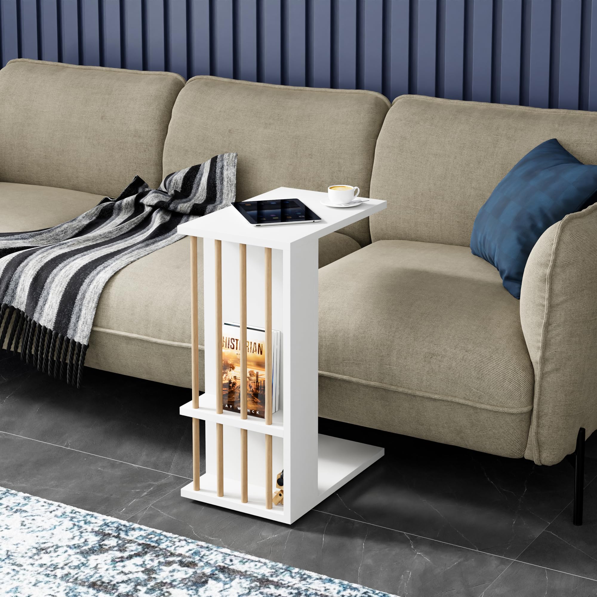 [en.casa] Tavolino Laterale da Divano Tavolino Basso a Forma di C Consolle a 4 Rotelle e Scomparti Semiaperti Piano di Lavoro per Laptop 44 x 29 x 65 cm - Bianco