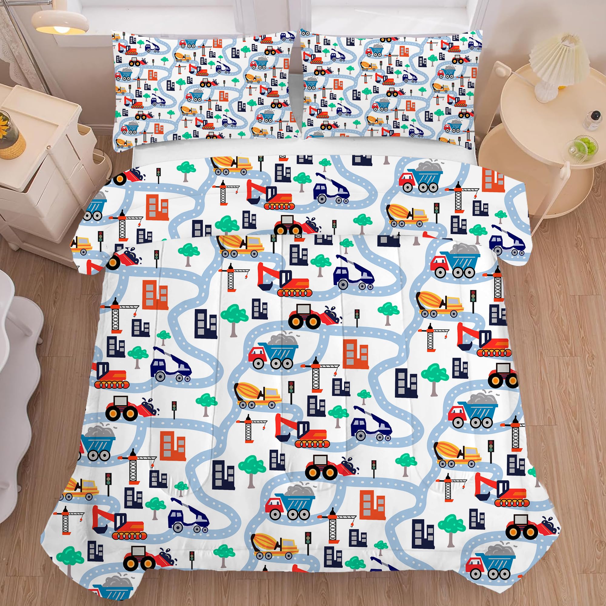 FUYEUN Cartoon Truck Comforter Set Twin: Construction Bedding Set for Boys Kids Children Bedroom Dorm White Cute Cars Quilt 1 Comforter + 1 Pillow Case