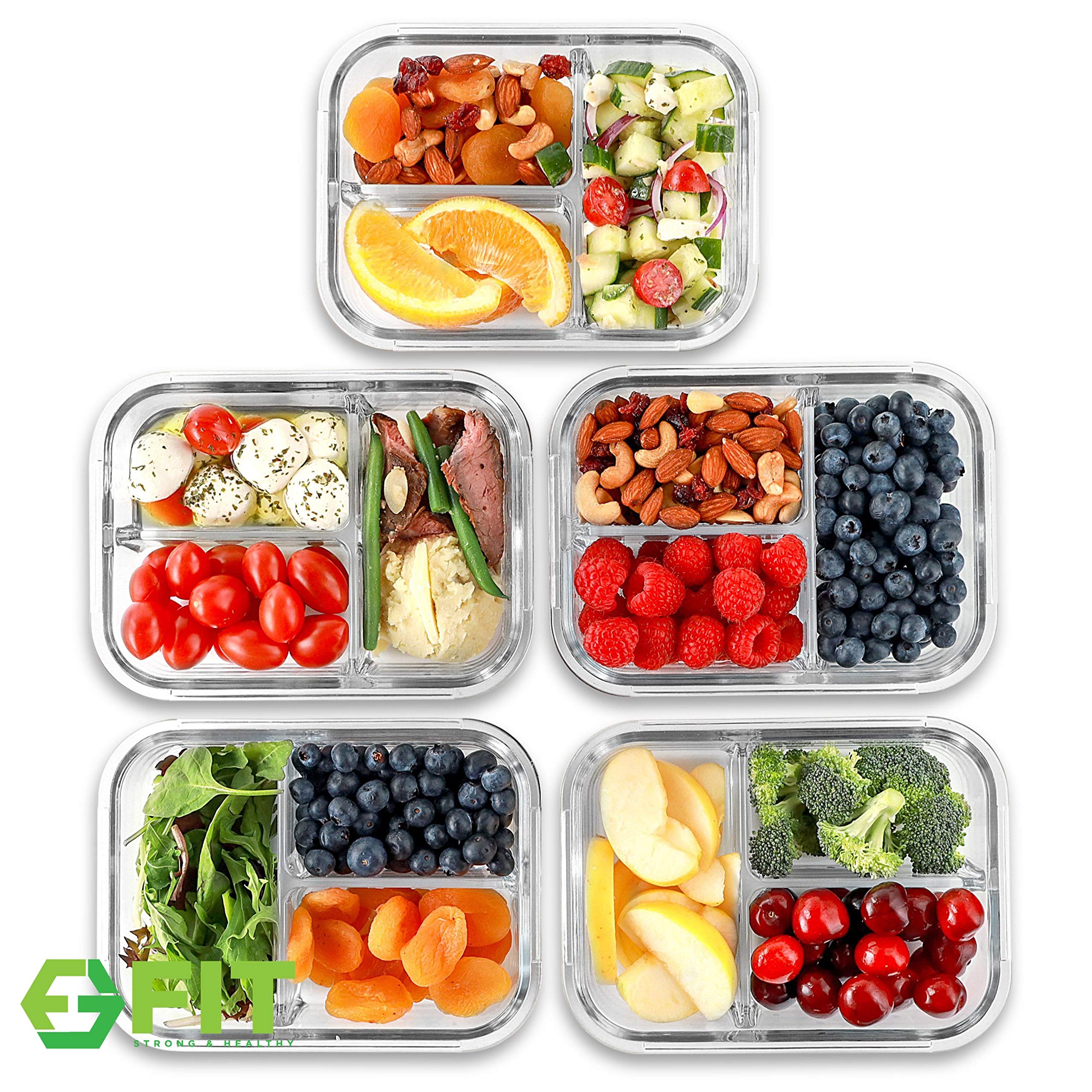 3 Compartment Glass Meal Prep Containers (5 Pack, 32 oz) Glass Food Storage Containers with