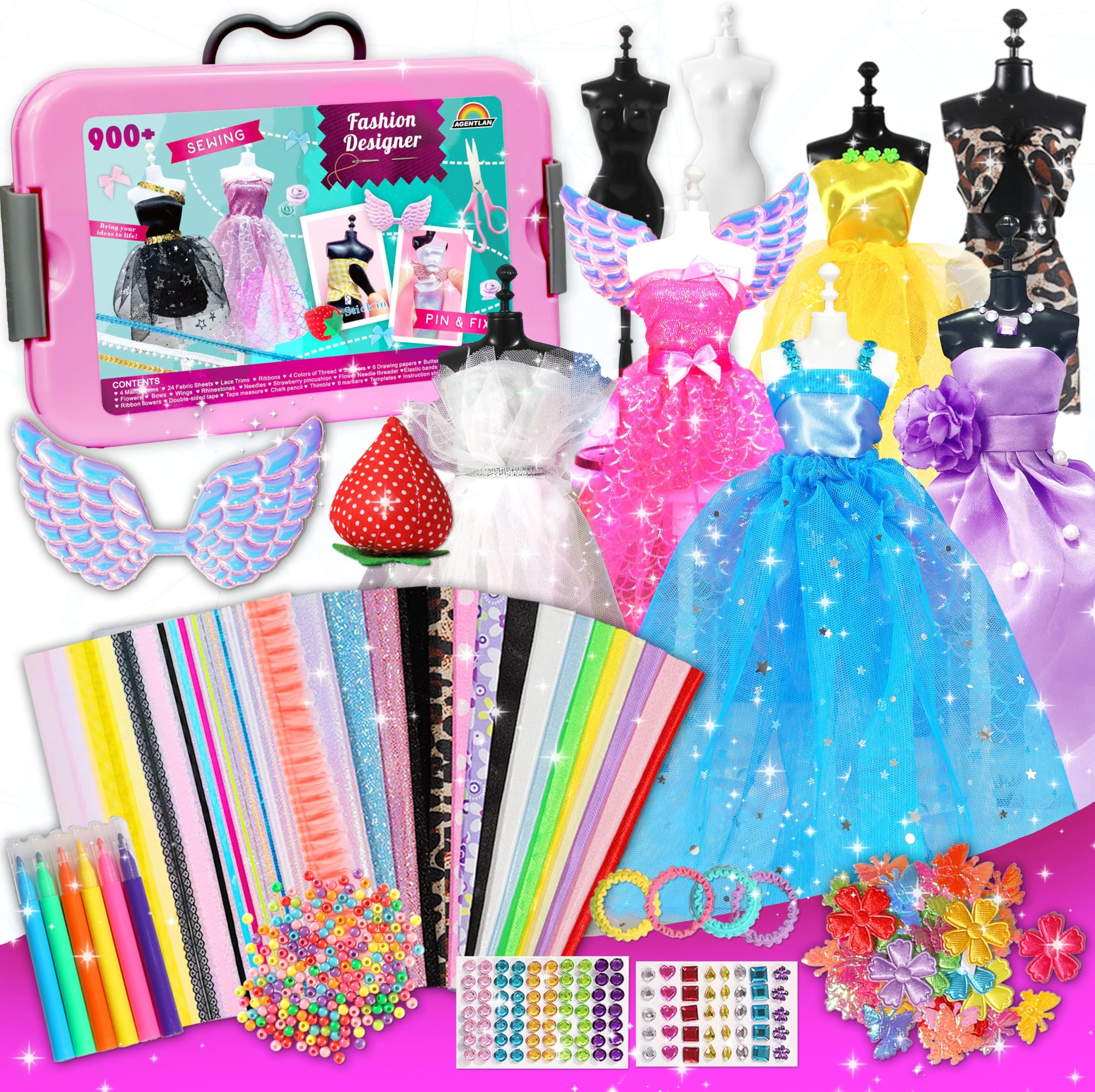 AGENTLAN 900+ Fashion Designer Kits for Girls with Mannequins-Kids Sewing Kits,Girls Fashion Design Gift,Arts and Crafts Kit,Girl Craft Activities Age 6 7 8 9 10 11 12