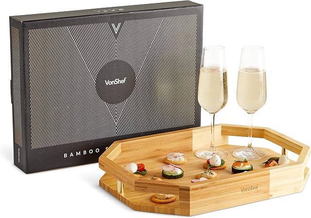 VonShef Bamboo Serving Tray | Large 100% Bamboo Tray With Gold Detail - Kitchen, Dining Tableware - Serve Tea, Coffee, Dinner, Breakfast, Canapes - Easy to Carry