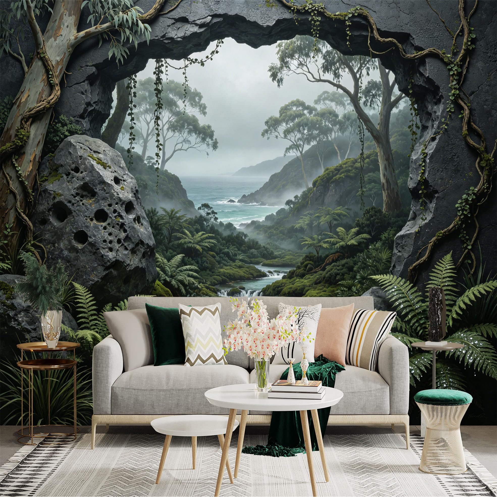 Custom Size Wall Sticker Mural， Tropical Forest with Waterfall Stream and Ocean View， for wall Decoration， peelandstick wall Decals.