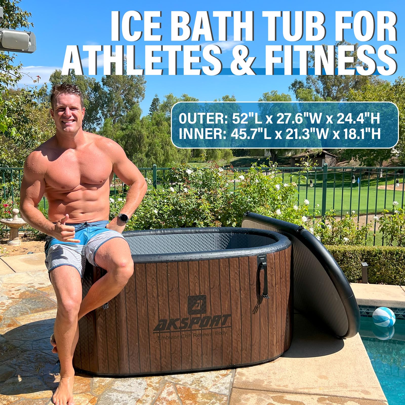 AKSPORT Bañera de hielo para atletas, compatible con enfriadores de agua, tina inflable de 151 galones para recuperación y terapia de agua fría, bañera portátil para interiores y exteriores, madera