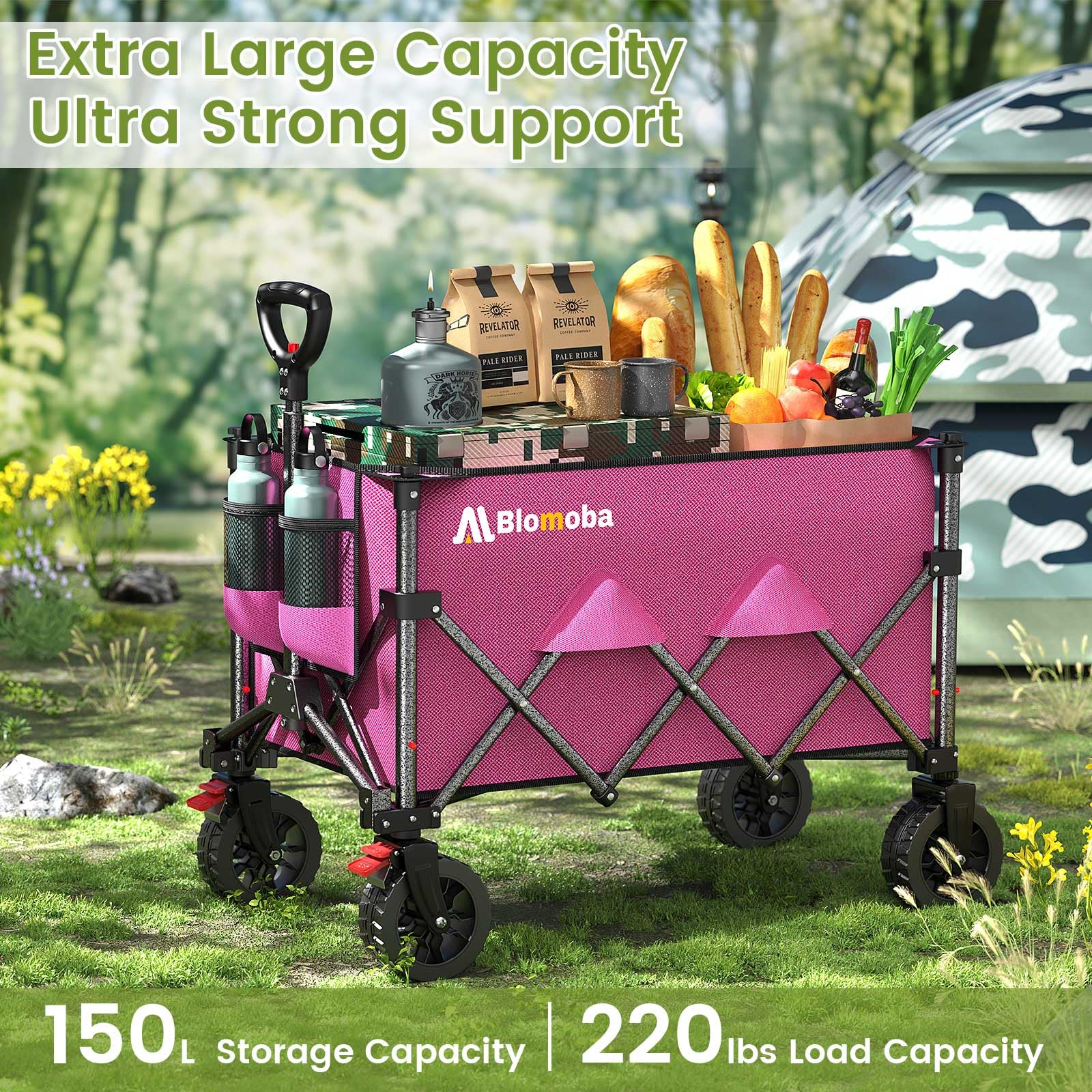 Blomoba Carro plegable de playa de 220 libras con ruedas más anchas y asa de rebote automático, carrito de compras de 150 litros para jardín, compras, camping, deportes, color rosa