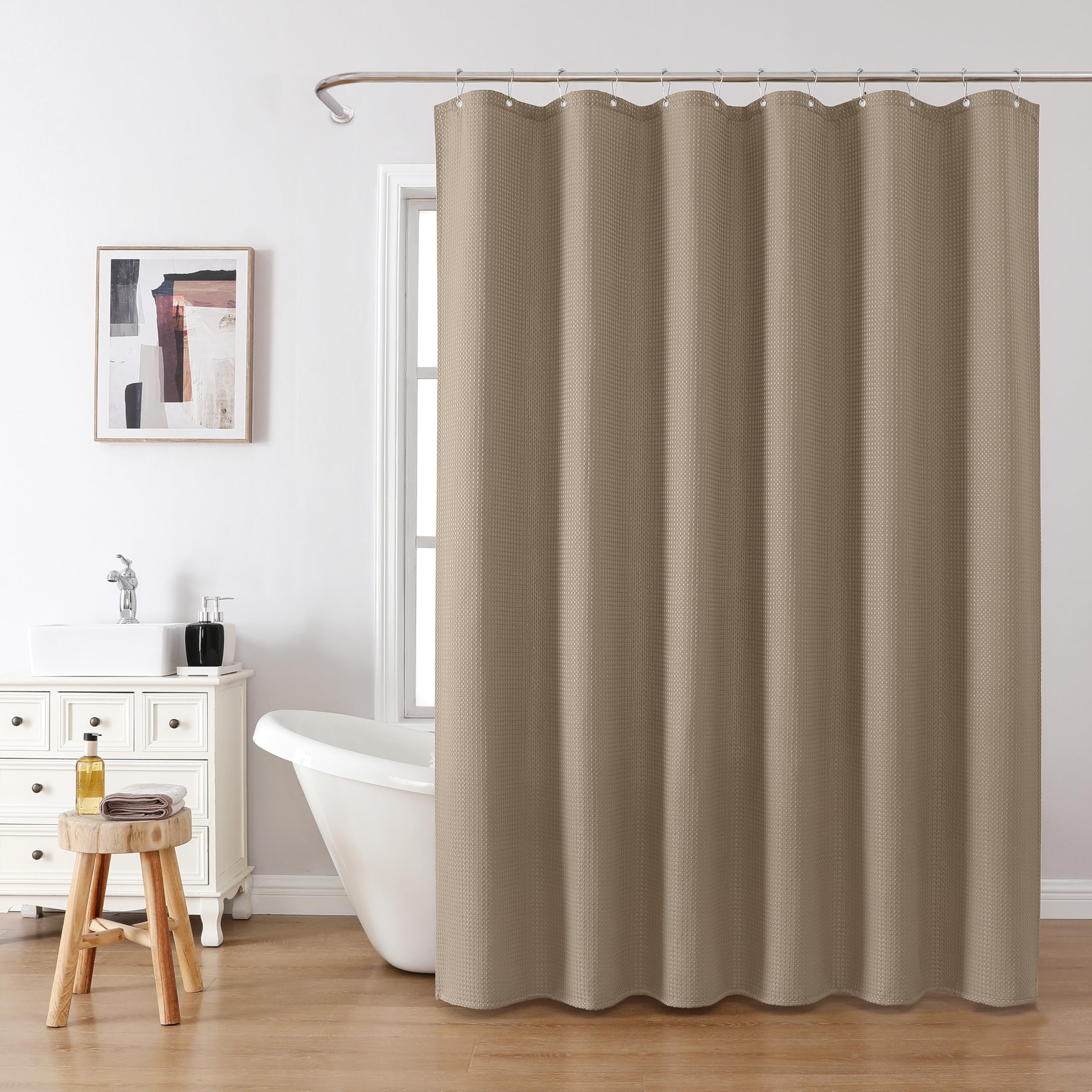 VANZAVANZU Shower Curtain for Bathroom with Metal Hooks Waffle Fabric Shower Curtain Heavy Duty Bath Curtain for Wet Room Bathtub Shower Stall Weighted Hem - Image 2