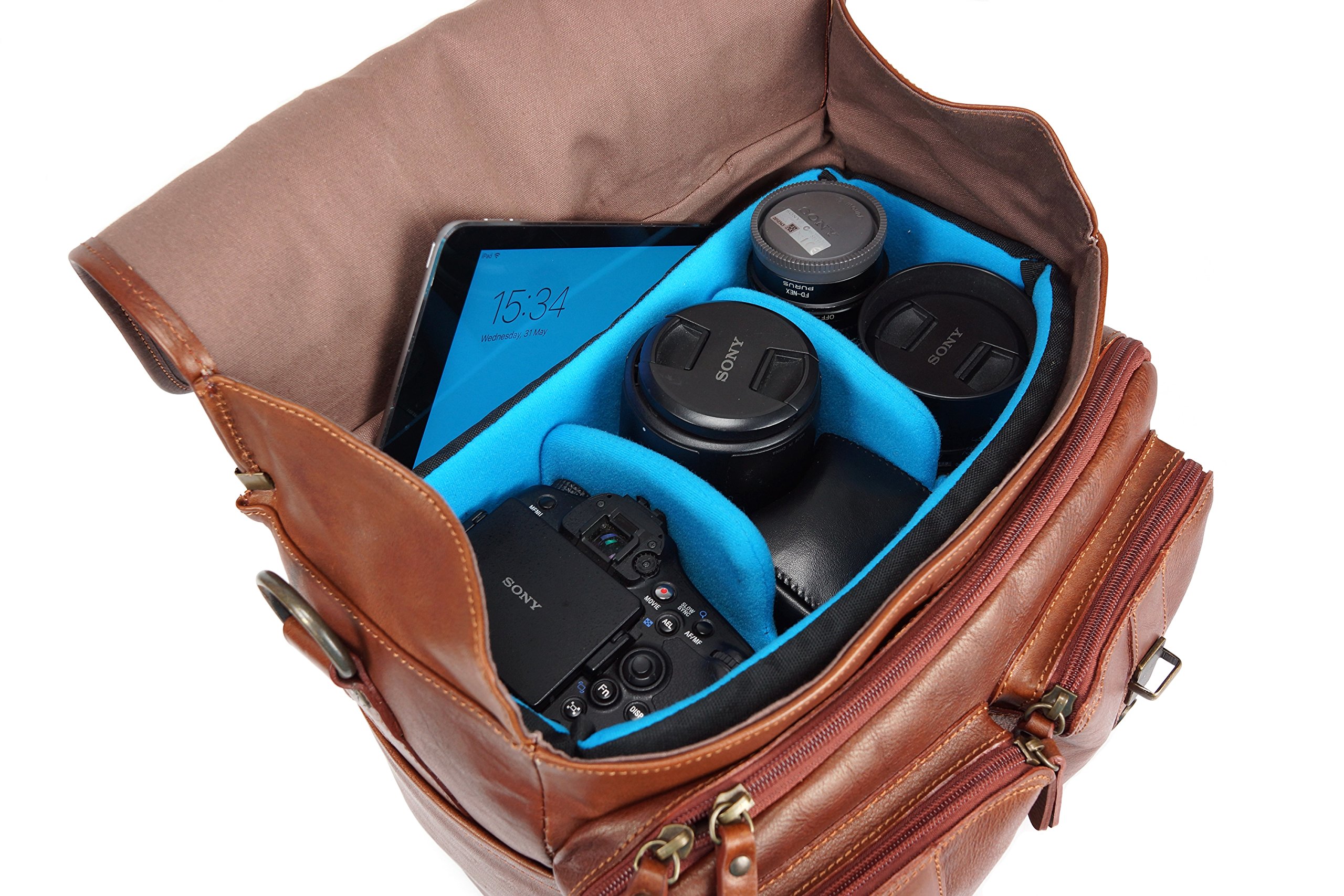 4V DESIGN Borsa Fotografica In Pelle Toscana Fatta A Mano – Luca, Marrone – Con Cestello Estraibile, Tracolla Antiscivolo E Piedini In Metallo – Per DSLR E Mirrorless