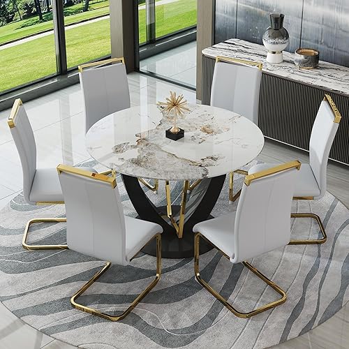 Miniatura 18 de JUFU Juego de mesa redonda de comedor para 6 con sillas, juego de mesa y sillas de 48" compuesto por 6 piezas con superficie de mármol y asiento
