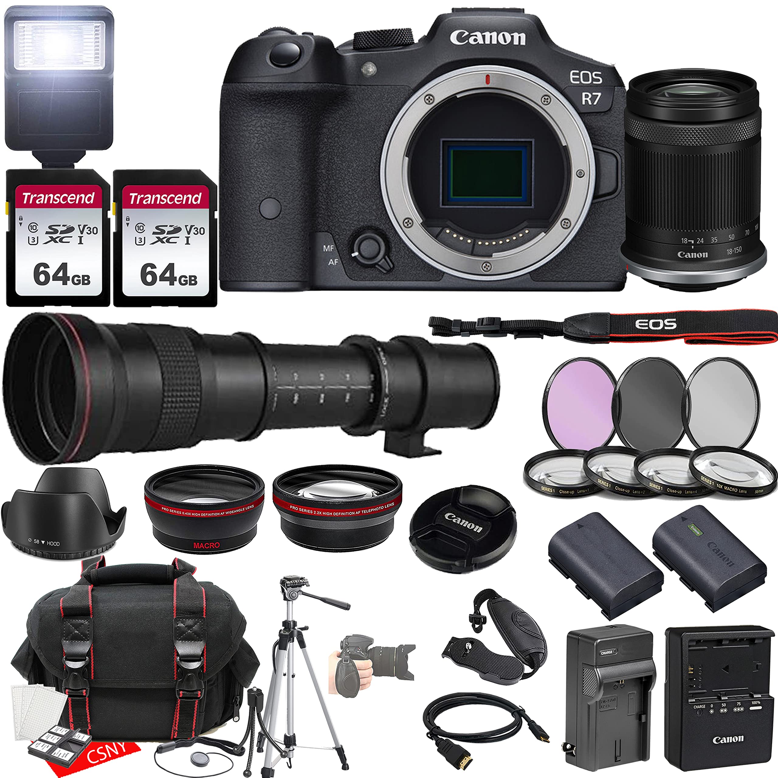 Canon EOS R7 Mirrorless Camera w/RF-S 18-150mm f/3.5-6.3 is STM Lens + 420-800mm f/8.3 HD Manual Telephoto Lens + 2X 64GB Memory + Hood + Case + Filters + Tripod & More (35pc Bundle)