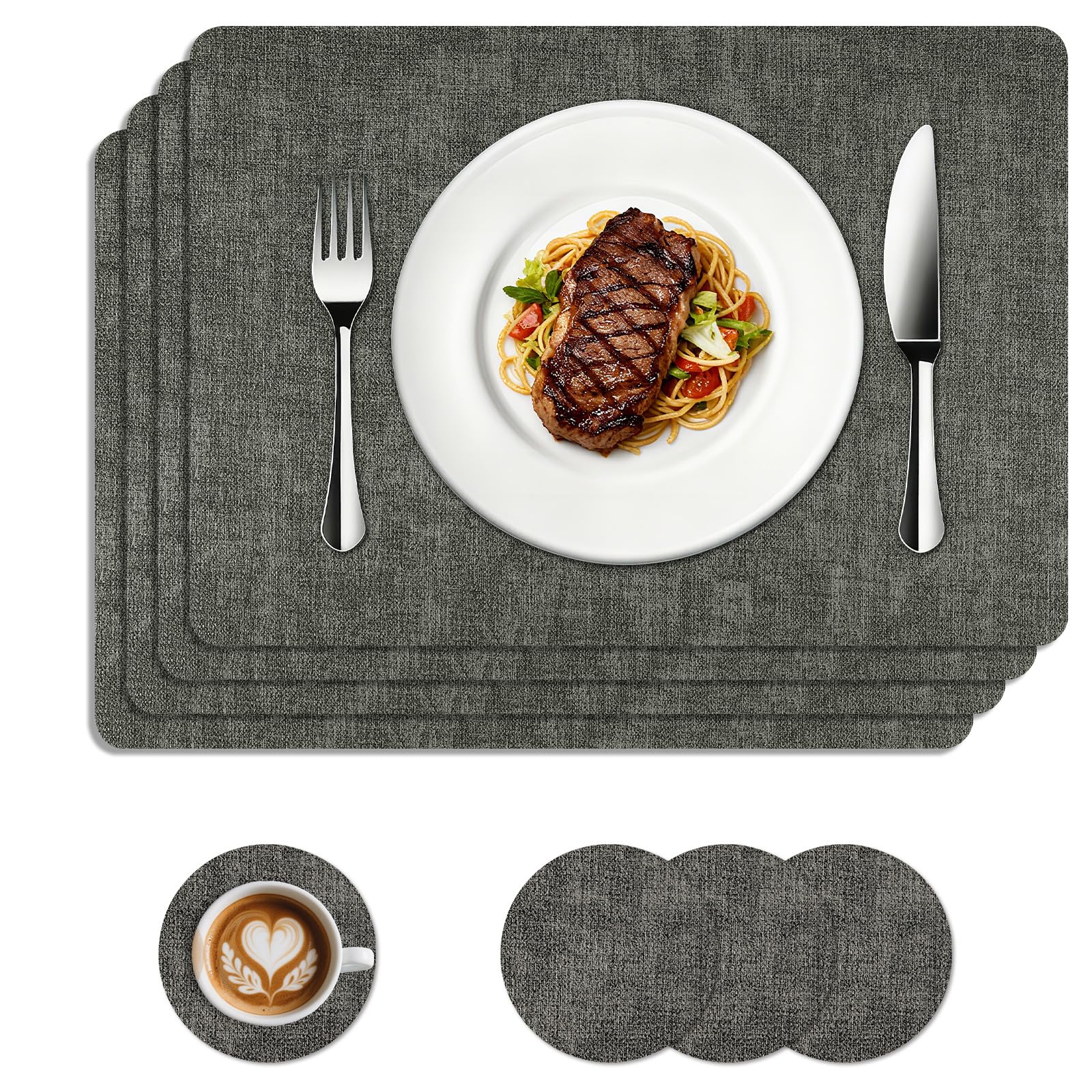 Placemats and Coaster Sets 4, Waterproof Table Mats, 43 * 30cm, Black
