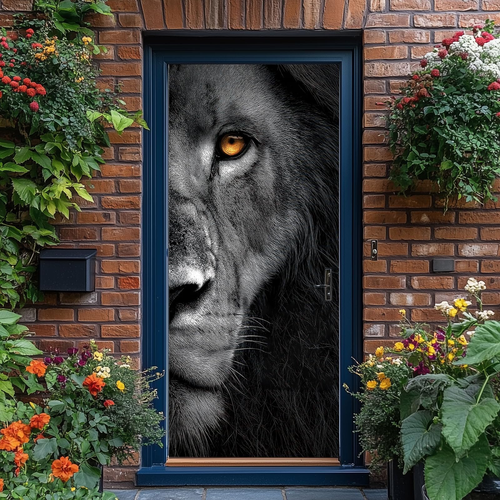 Papel pintado autoadhesivo para puerta de animal león 3D, póster para puerta, patrón de retrato de animales, resistente al agua, lámina de vinilo para puerta, negro extraíble, póster fotográfico