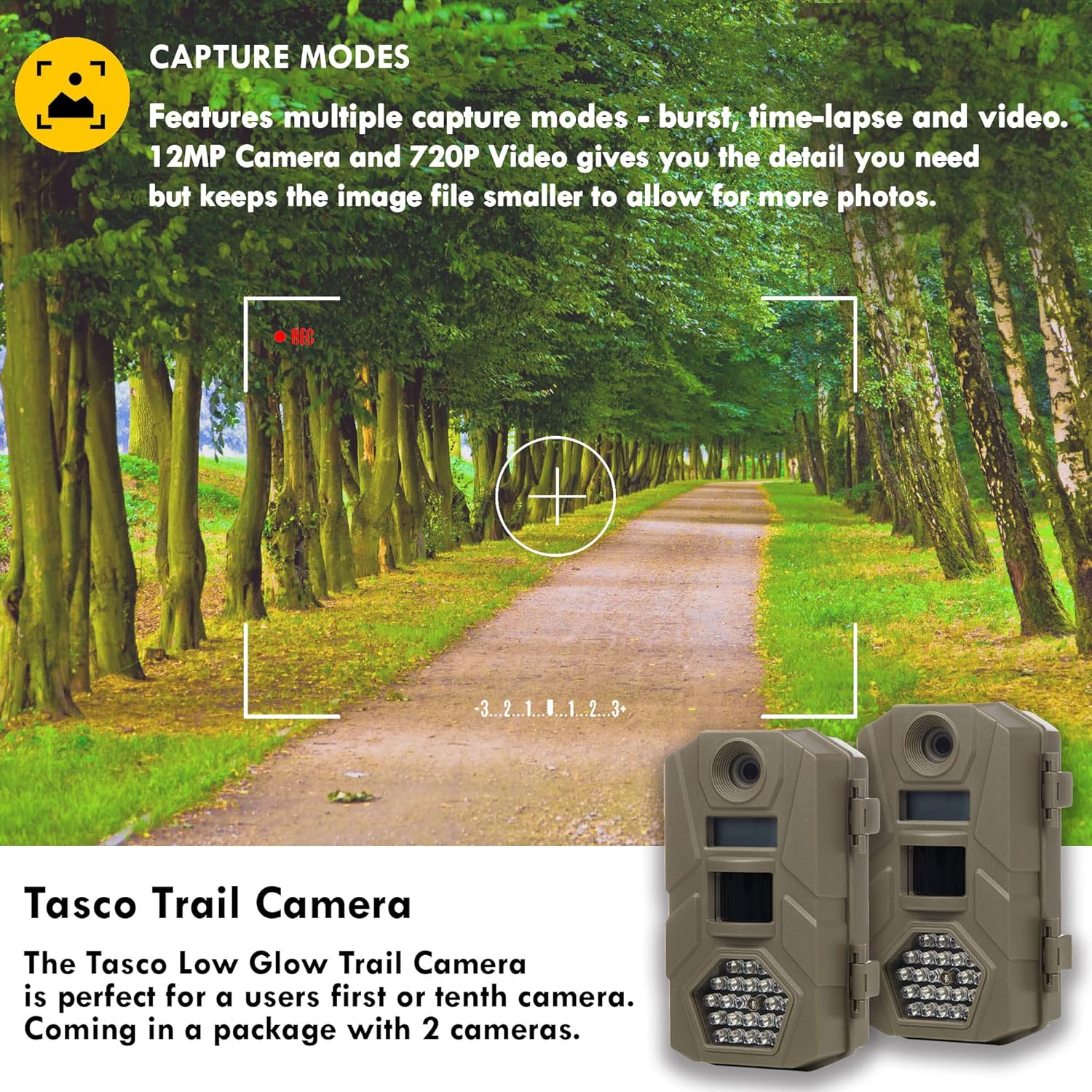 Graphic illustrating capture modes with two Tasco Trail Cameras in a forest setting, highlighting 12MP photo and 720P video capabilities.