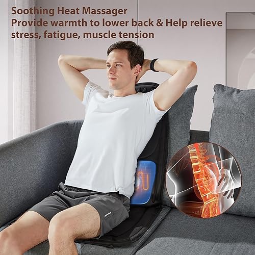 Miniatura 3 de comrelax Masajeador de espalda con calor, cojín de asiento de masaje con tracción lumbar 3D, 10 motores vibradores, almohadilla para silla de masaje