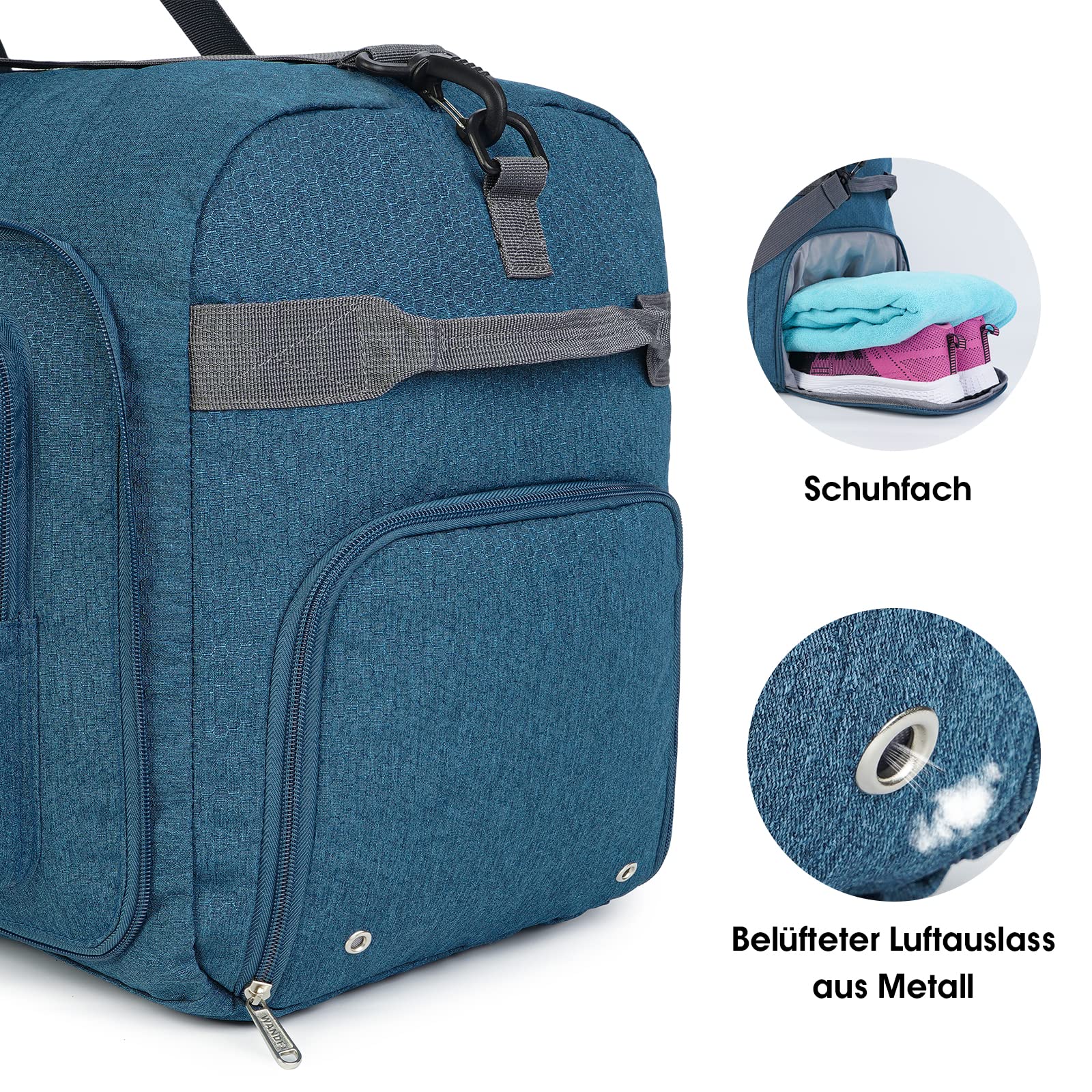 WANDF Reisetasche mit Schuhfach Faltbare Weekender-Reisetasche Handgepäck für Männer Frauen (Blau,65L)