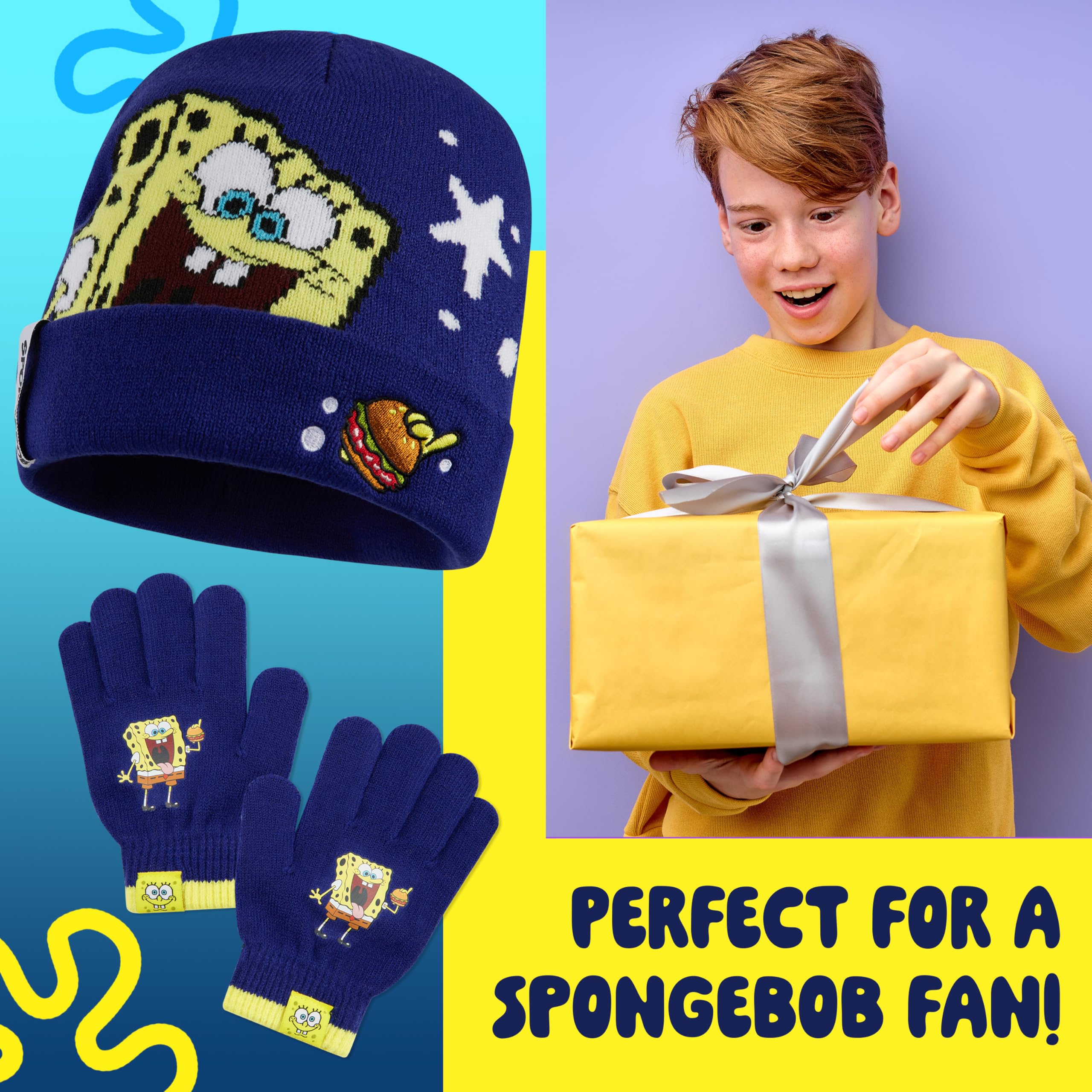 SPONGEBOB SQUAREPANTS Conjunto de Gorro y Guantes para Niños - Regalo Niño