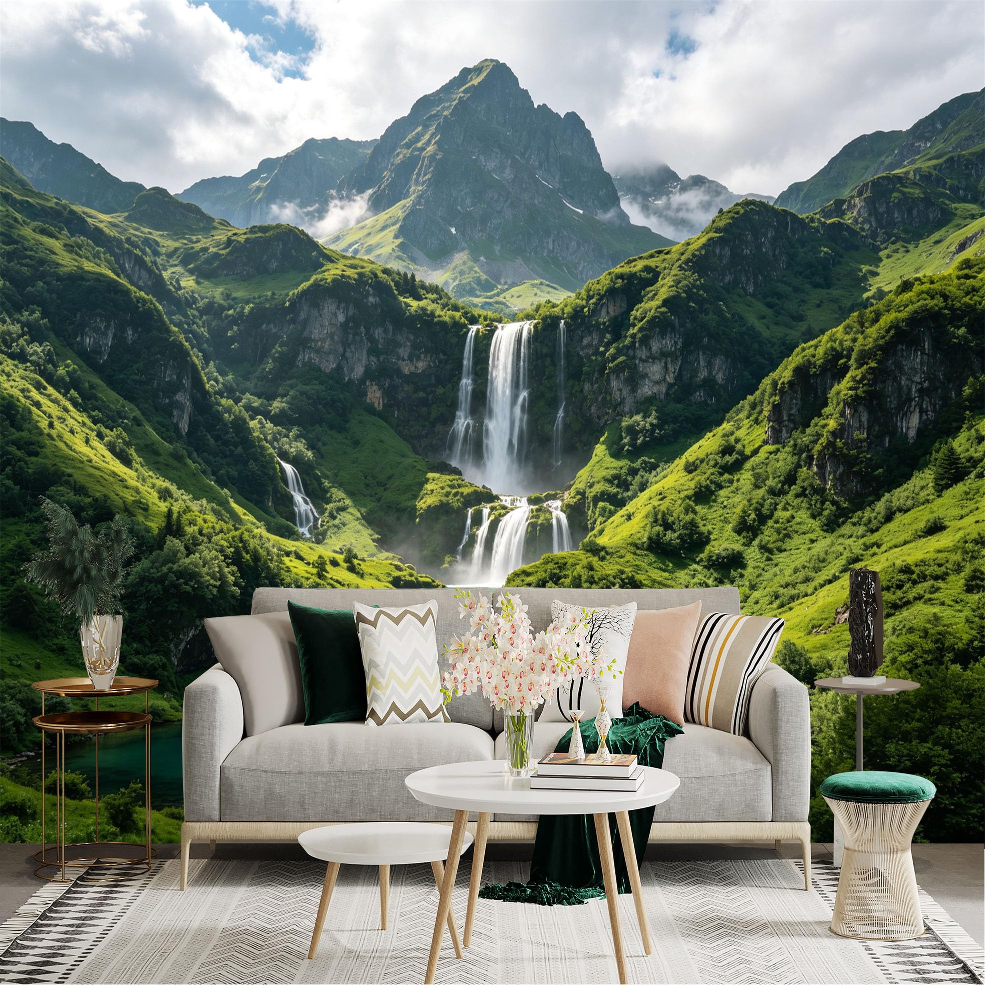 Custom Size Wall Sticker Mural， Majestic Waterfall in Green Mountains， Serene Alpine Lake， Nature Landscape， for wall Decoration， peelandstick wall Decals.