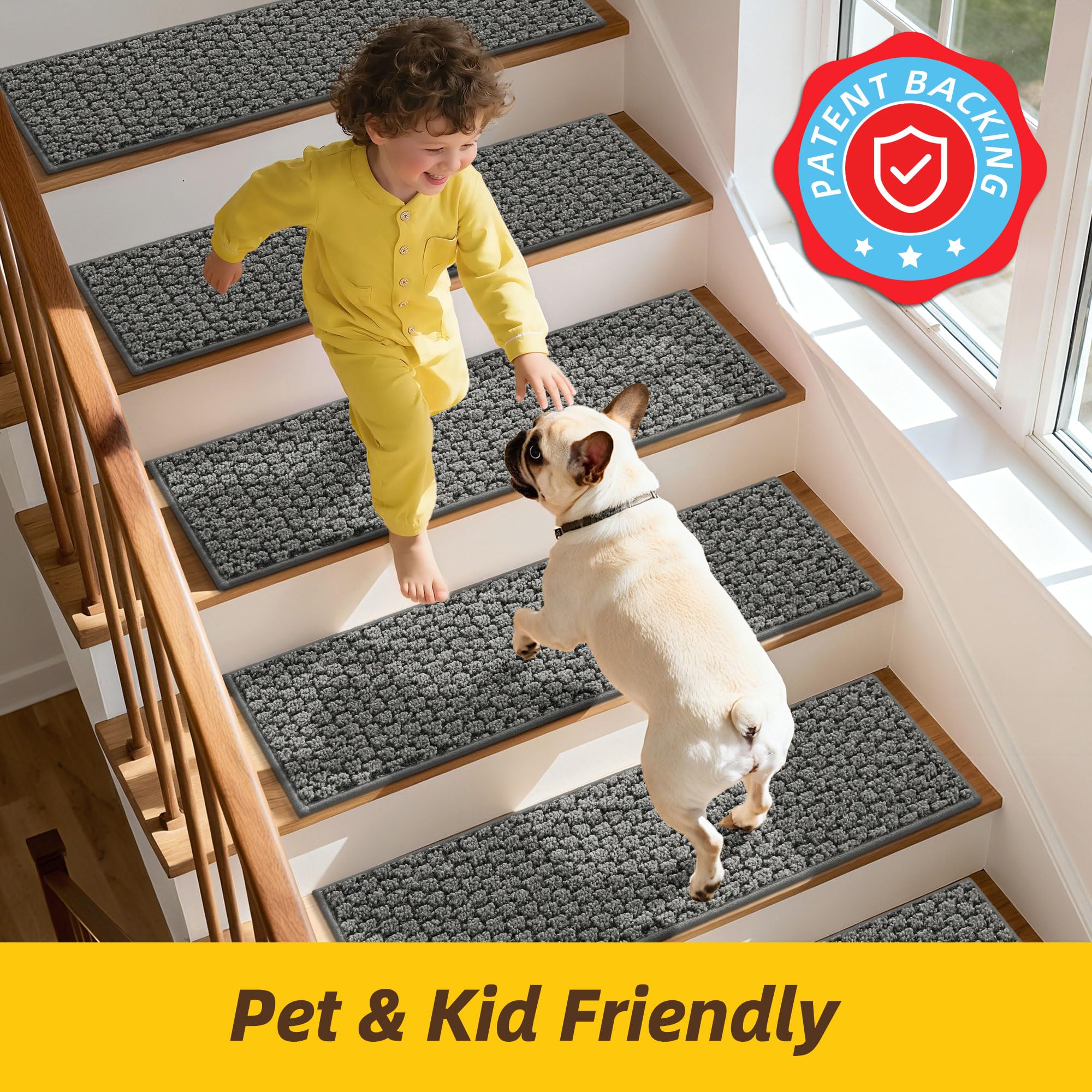 JSEI Stair Treads for Wooden Steps, 14 Pack 9" X 28" Non-Slip Machine Washable Carpet Stair Treads with TPE Backing, Soft Indoor Stair Rug Runner for Kids Elders & Pets, 100% Polyester, Beige — view 24